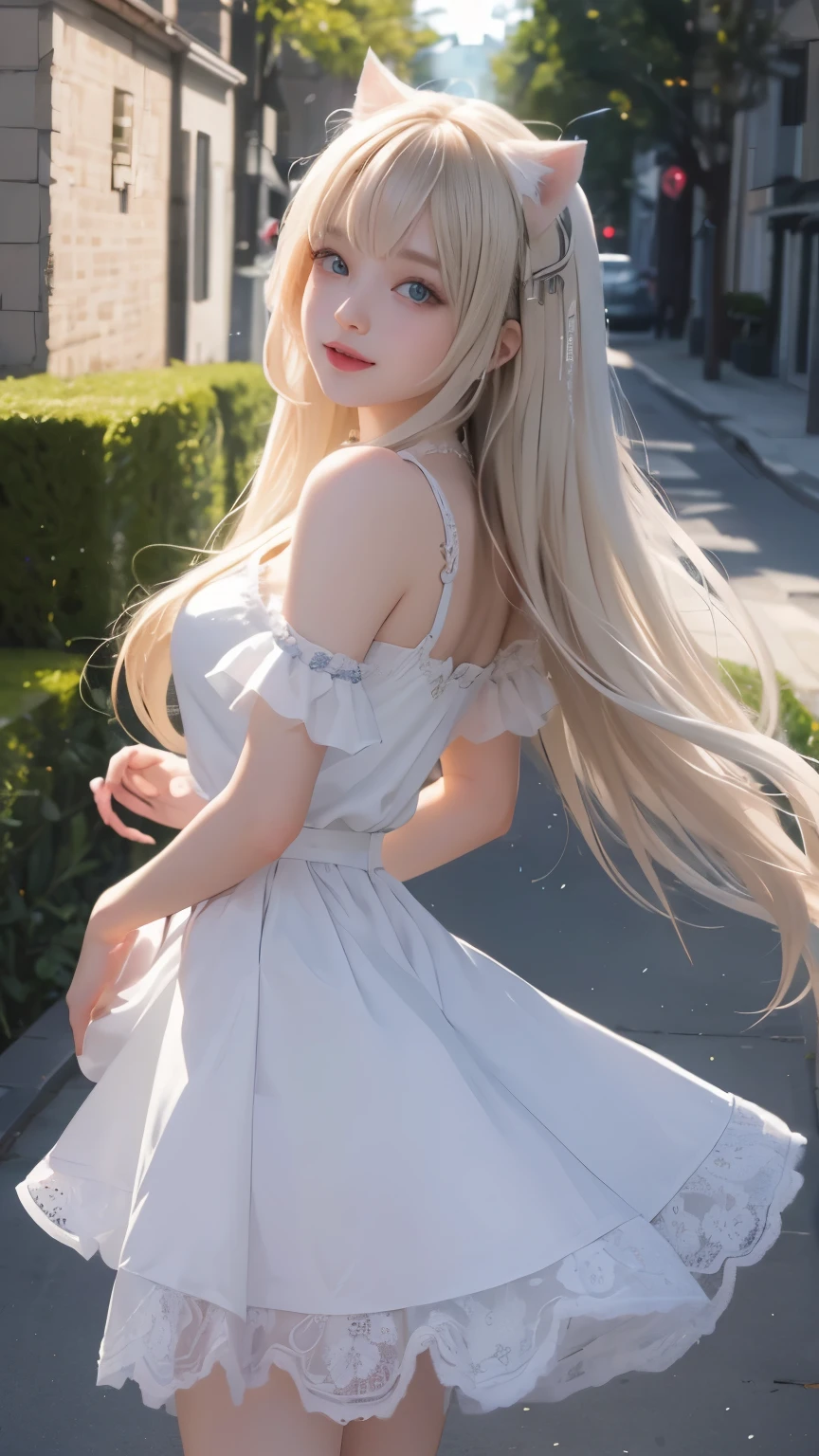 full body, laugh together, bright look、photorealism、highest quality、ultra high resolution、photograph、絶妙に美しい北欧生まれの女の子のphotograph、extraordinary beautiful girl、Detailed cute and beautiful face、(Pure Eros Face_v1:0.008)、beautiful bangs、alice in wonderland、18-year-old、glowing white shiny skin、Flow of hair that extends to the face、bangs between the eyes、super long hair、Attractive light and dark platinum blonde super long straight silky hair、thin hair、Charming shining beautiful bright clear light blue big eyes、white apron、yellow dress、eyeliner、double eyelids、rich bust、two girls、cat ears、great laugh togetherter、short skirt、White lace underskirt、pink panties、