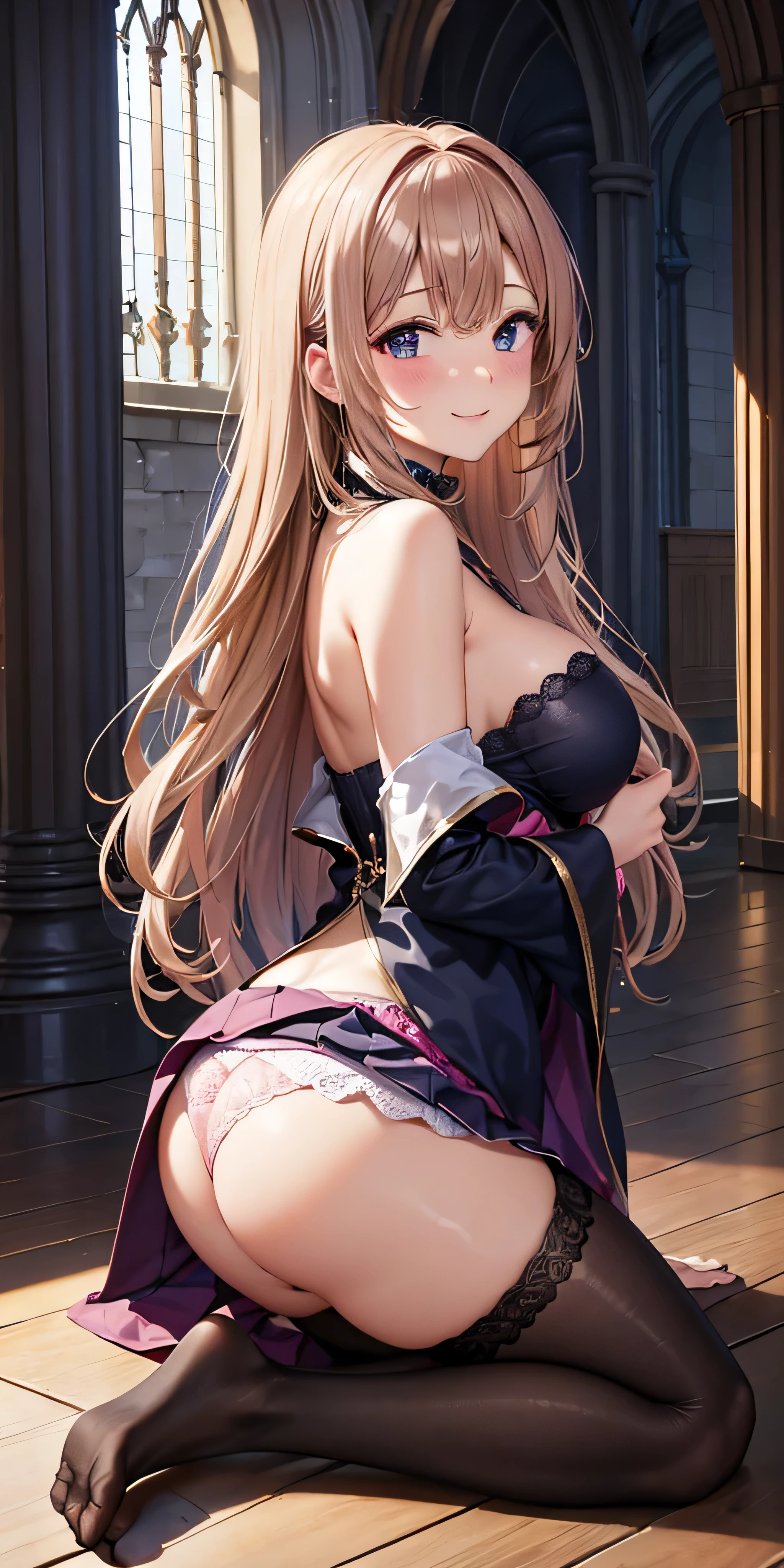 debris flies, highest quality, Highly detailed CG Unity 8K wallpaper, sexy witch , long dark blonde wavy hair、off shoulder knit, dark blue pleated skirt, stockings、medium breasts, saggy breasts, Pose that emphasizes the chest, blush, shy smile, bare shoulders, (pink lace panties、pink good、open your legs wide)、、nice magic book、Cathedral of the Church、Put your hand on the pillar and turn around、stick out your butt、、