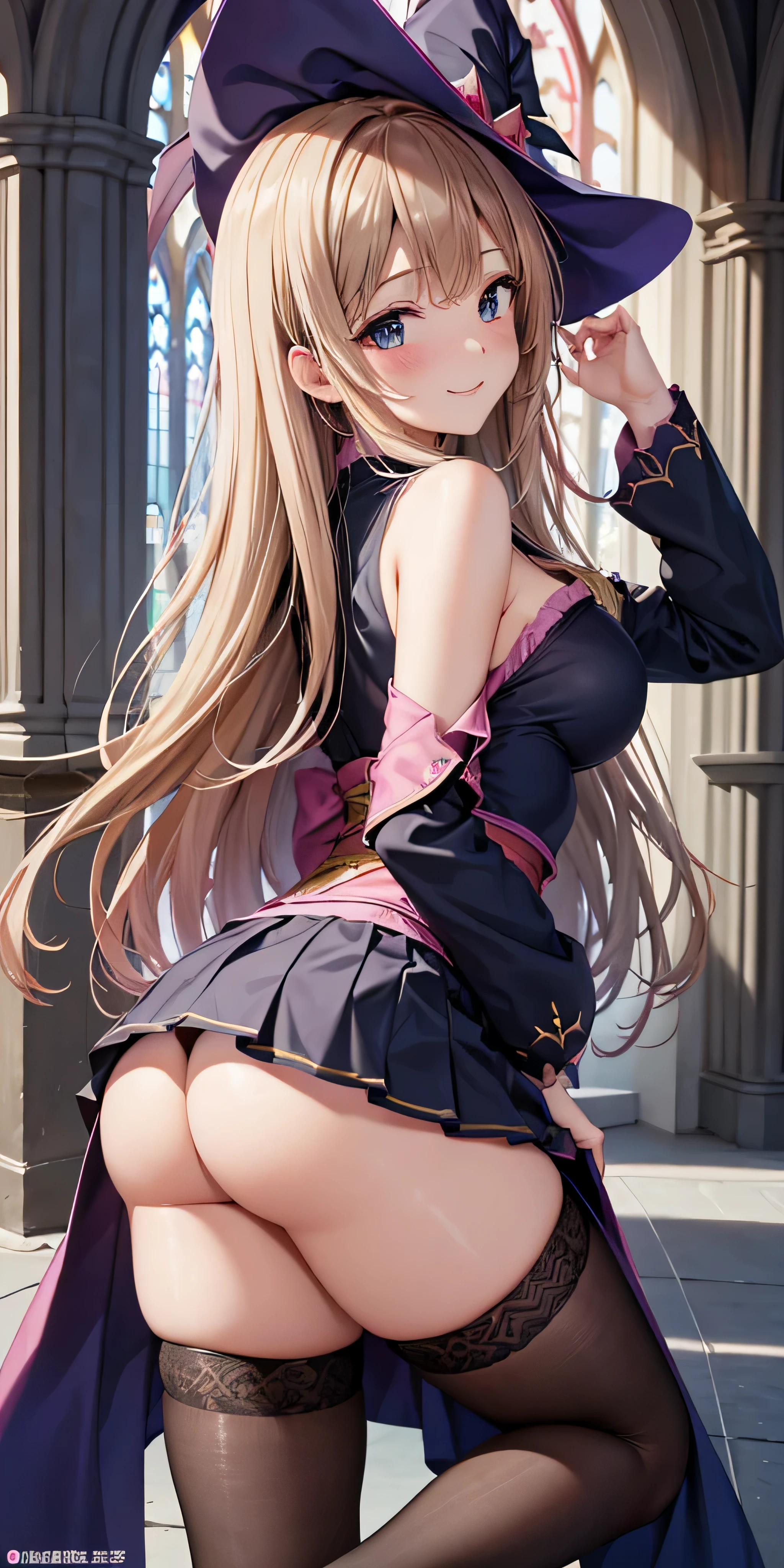 debris flies, highest quality, Highly detailed CG Unity 8K wallpaper, sexy witch , long dark blonde wavy hair、off shoulder knit, dark blue pleated skirt, stockings、medium breasts, saggy breasts, Pose that emphasizes the chest, blush, shy smile, bare shoulders, (pink lace panties、pink good、open your legs wide)、、nice magic book、Cathedral of the Church、Put your hand on the pillar and turn around、stick out your butt、、