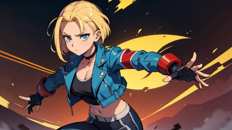 masterpiece, highest quality, High resolution, 1 female, cammy white, short hair, antenna hair , blonde hair , blue eyes , Scar on left cheek, black choker, clavicle, blue jacket,　Black inner shirt, cropped jacket, open jacket, play sports often, abdomen, fingerless gloves, black gloves, Long black pants, Navel exposed, combat readiness , fighting pose , Roundhouse kick