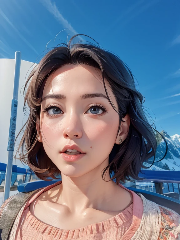 There is a woman standing in front of a sign, 8K selfie photo, 38 years old, 3 6 years old, wenfei ye,29 years old, xintong chen, 28 years old, masterpiece, watercolor, colorful brush strokes, Trending on artstation, sharp focus, Studio photos, intricate details, Very detailed,human development report, 8K texture, extremy detailed, Highly detailed skin texture, illustration, cartoon, Japanese cartoons! epic details, high definition