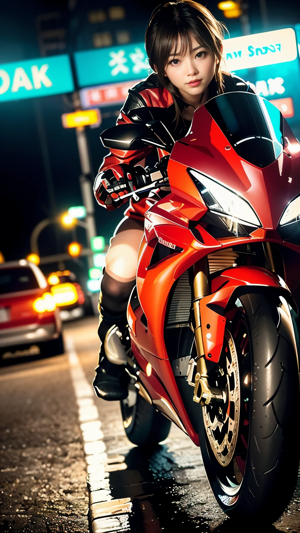 High resolution、High level image quality、In 8K、real live action、Raw photo、highest quality、masterpiece、table top、(soft saturation:1)、(Depth of bounds written:1.2)、(ray tracing:1.2)、Taken from diagonally above、((in the middle of the night)), city night view、The background is a beautiful neon cyberpunk Tokyo、city night view、neon light、headlight light、dynamic pose、dynamic camera angle、strong wind、夜の街を疾走する大きな赤いbike、((Run leaving a trail of light:1.2))、大きな赤いbikeに座っているred dressを着た若い女性, cute face、cute face、(red dress:1.2)、(red short skirt:1.3)、white knee highs、(red boots:1.2、Draw the toes:1.2)、perfect hands、perfect feet、perfect feet首、perfect toes、perfect toes、Perfect Heel:1.3、((Grasp the controller with both hands:1.2))、leaning forward、put one&#39;Upper body, lower body:1.2、Sitting on the Ducati Panigale V4,Riding the Ducati Panigale V4, SFスタイルのbike, SFスタイルのbike, Ducati Panigale V4 Motorcycle Rider, How to ride the Ducati Panigale V4, (Draw left and right rearview mirrors:1.3)、headlights shine blue、female biker pictures, bike,motorcycle displacement: Ducati Panigale V4 Detail Blur、white smoke from tires:1.2、