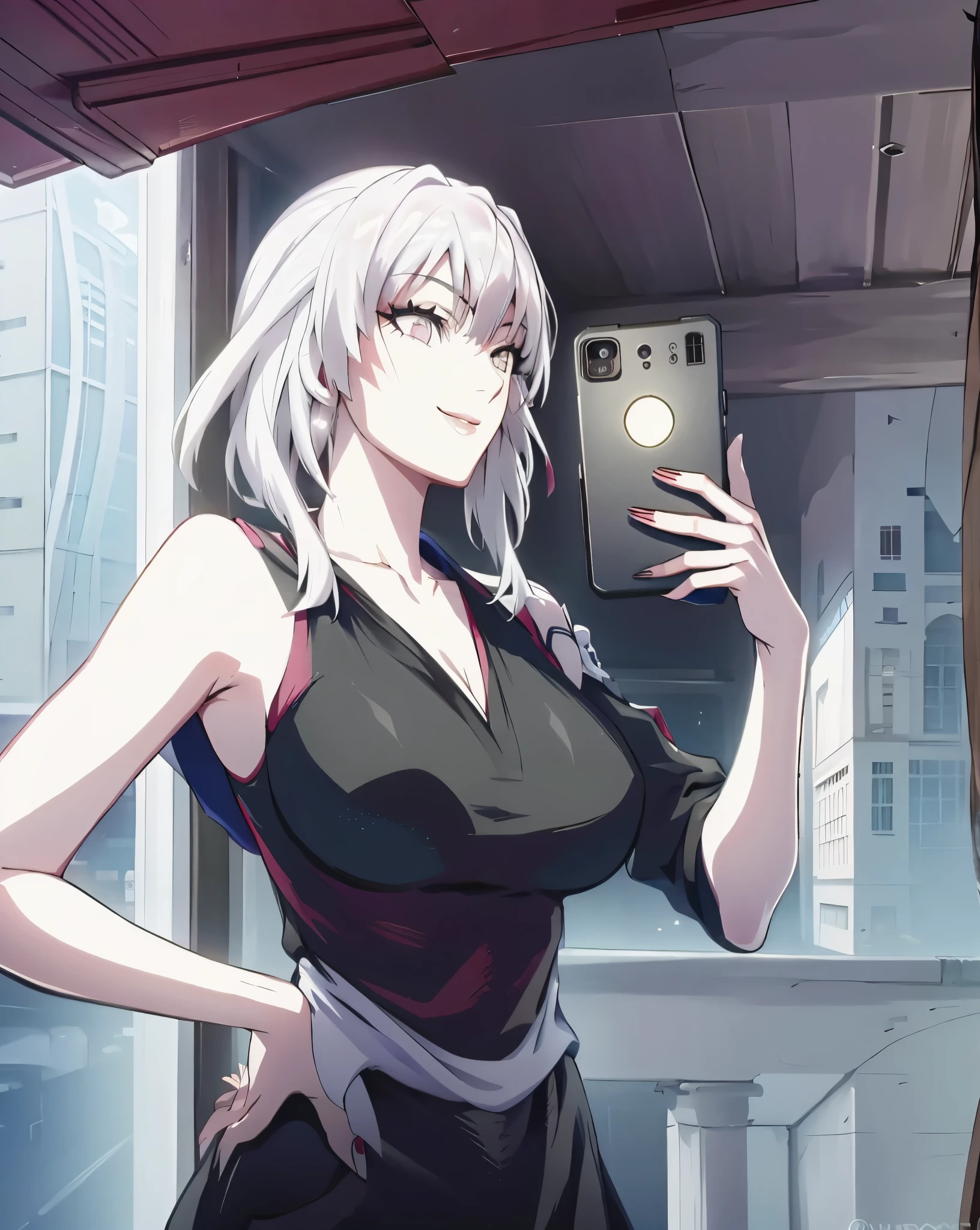 anime girl taking a selfie with her phone in a bedroom, (original character with design composite of Fubuki Kafka Xueyi Sakura-Chan and Puuna with twintails hair), ((large breasts)), huge breasts, ((bare forehead)), (bangs), (side bangs), detached sleeves, casual dress, (white hair), white and red hair, 1girl, solo, upper body, facing viewer, looking at viewer, smile, pleasant smile, see-through,