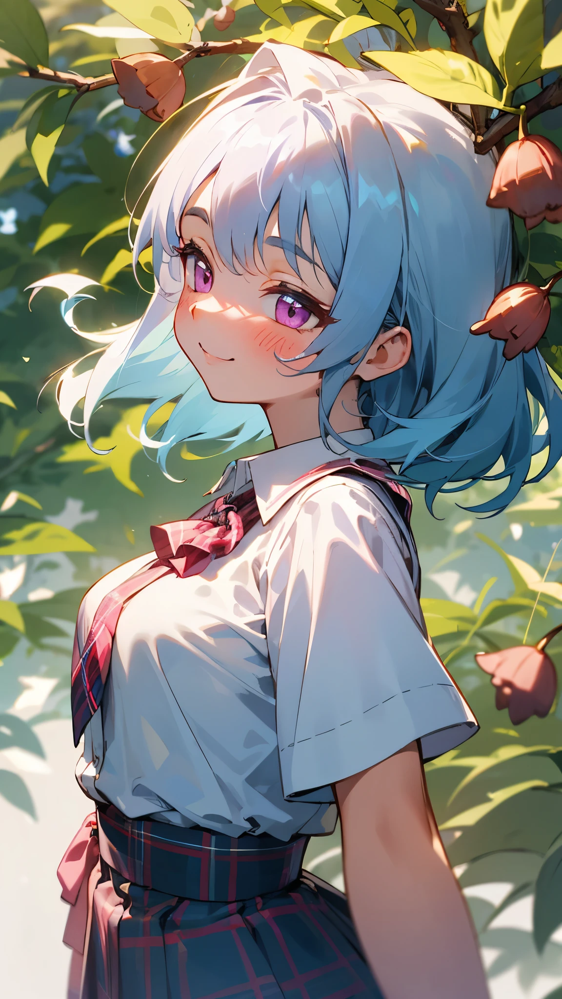 16 year old girl、light blue hair、pink eyes、smile、blush、small breasts、From the side、large amount of acorns、White blouse shirt、plaid mini skirt、upper body close-up