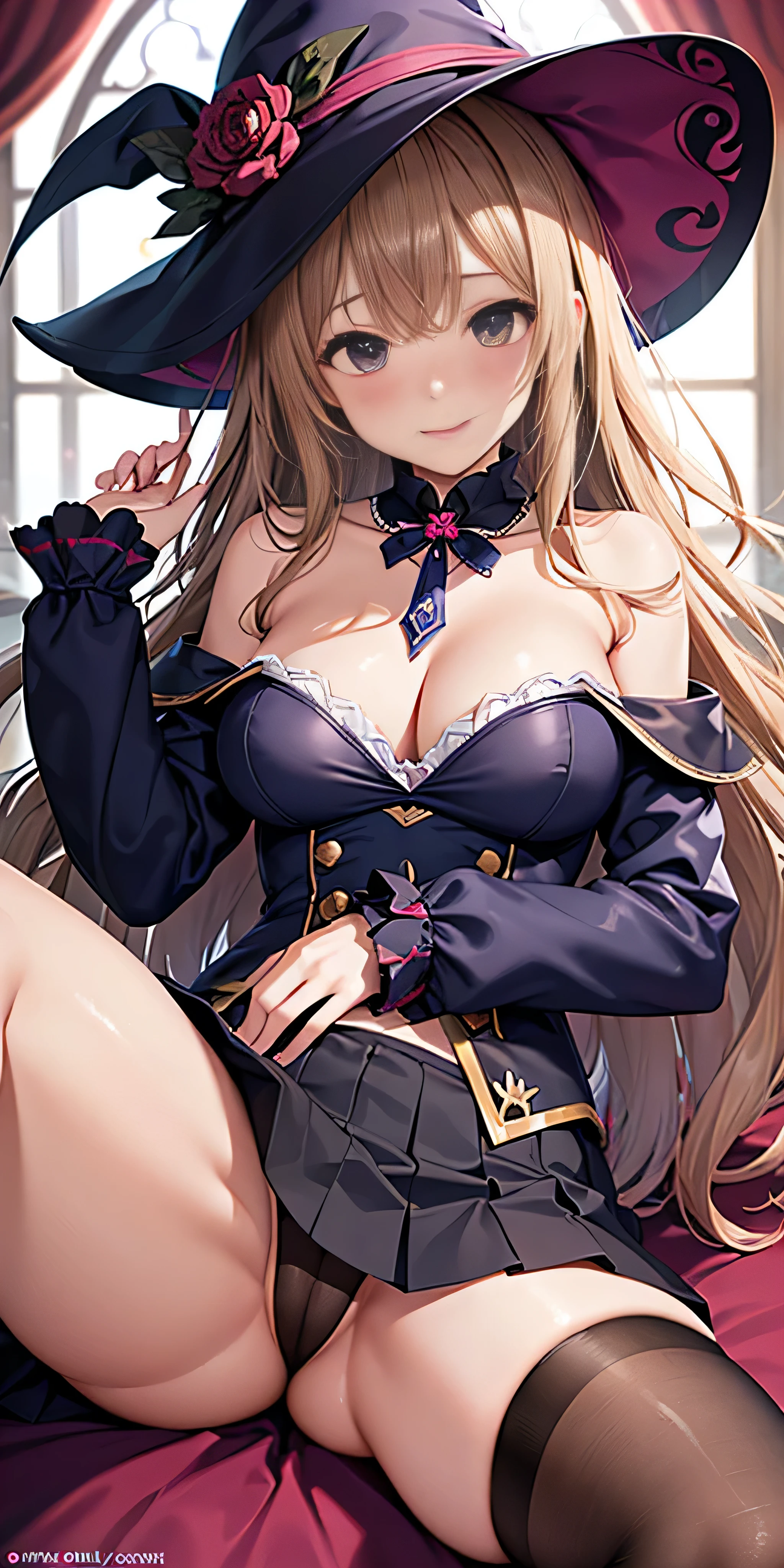 debris flies, highest quality, Highly detailed CG Unity 8K wallpaper, sexy witch , Long length hair、Dark blonde wavy hair、off shoulder knit, dark blue pleated skirt, stockings、medium breasts, saggy breasts, Pose that emphasizes the chest, blush, shy smile, bare shoulders, (((lift up the skirt with both hands、touch crotch、open your legs wide、please open your knees)))、、nice magic book、church bed、lying in bed、、pink panties、pink good