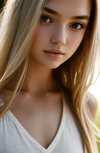 1girl in, 19, Solo, Long hair, Looking at Viewer, blondehair, Bare shoulders, jewely, Full body, (extremely detailed 8k wallpaper), soft lighting, high quality, film grain, Fujifilm XT3 sharp focus, f 5.6, High Detail, Sharp focus,(natural light), (closeup:1.2), (seductive), off shoulders T-shirt, Realistic, A sexy