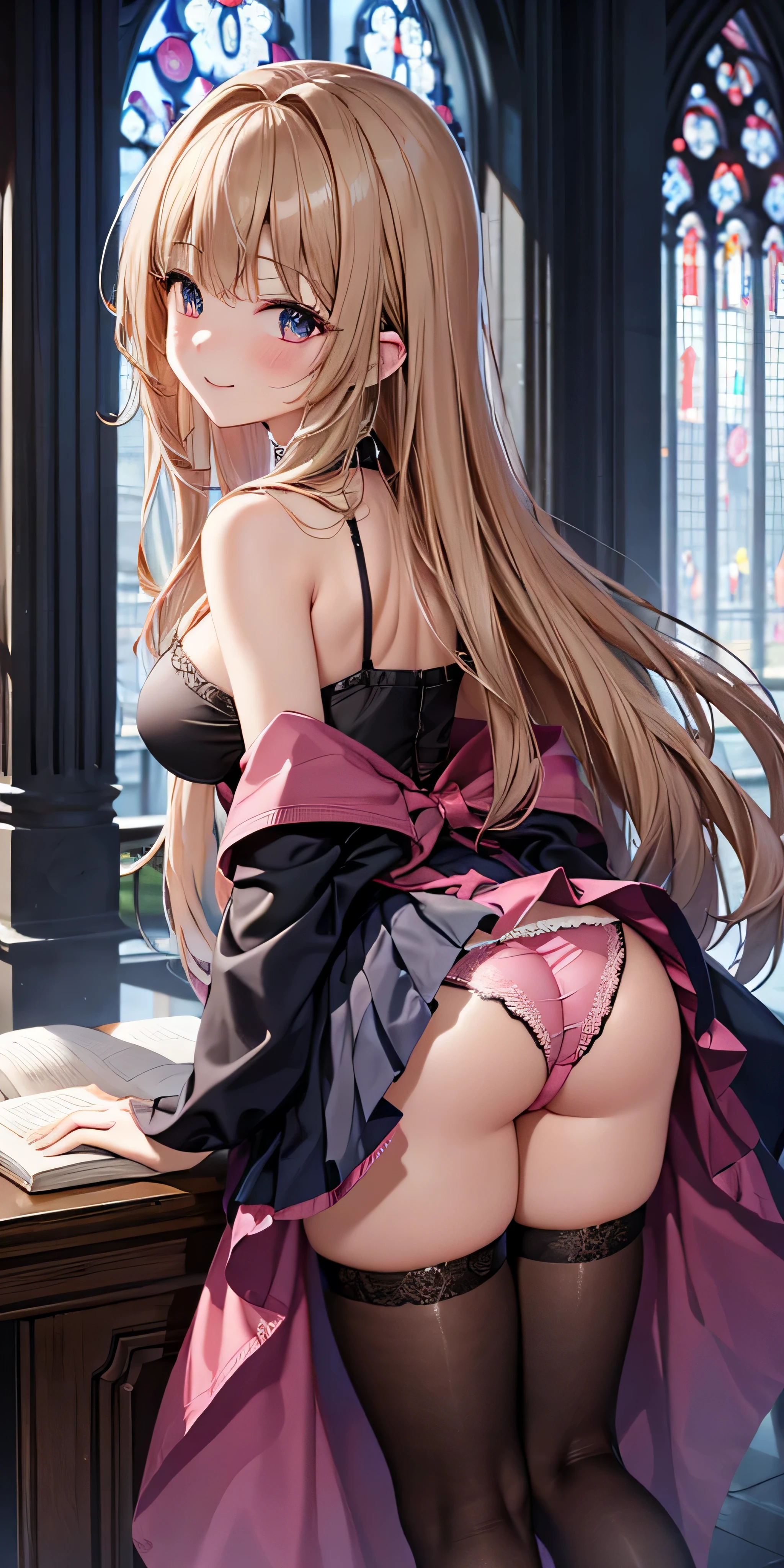debris flies, highest quality, Highly detailed CG Unity 8K wallpaper, sexy witch , long dark blonde wavy hair、off shoulder knit, dark blue pleated skirt, stockings、medium breasts, saggy breasts, Pose that emphasizes the chest, blush, shy smile, bare shoulders, (pink lace panties、pink good、open your legs wide)、、nice magic book、Cathedral of the Church、Put your hand on the pillar and turn around、stick out your butt、、