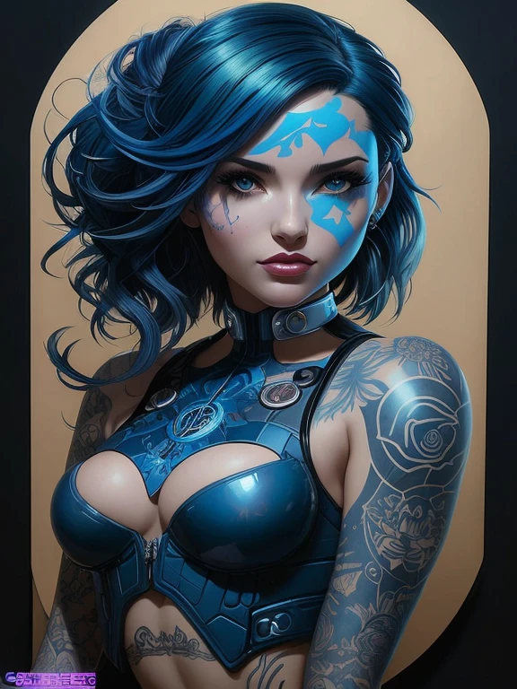 um close up de uma mulher com cabelo azul e tatuagens, artgerm julie bell beeple, garota ciborgue, ciborgue - garota, ciborgue azul, cute garota ciborgue, Greg Beeple, retrato ciborgue, ciborgue - garota with silver hair, mulher ciborgue, retrato detalhado de um ciborgue, artgerm e james jean, beautiful garota ciborgue pinup, cyberpunk judy alvarez