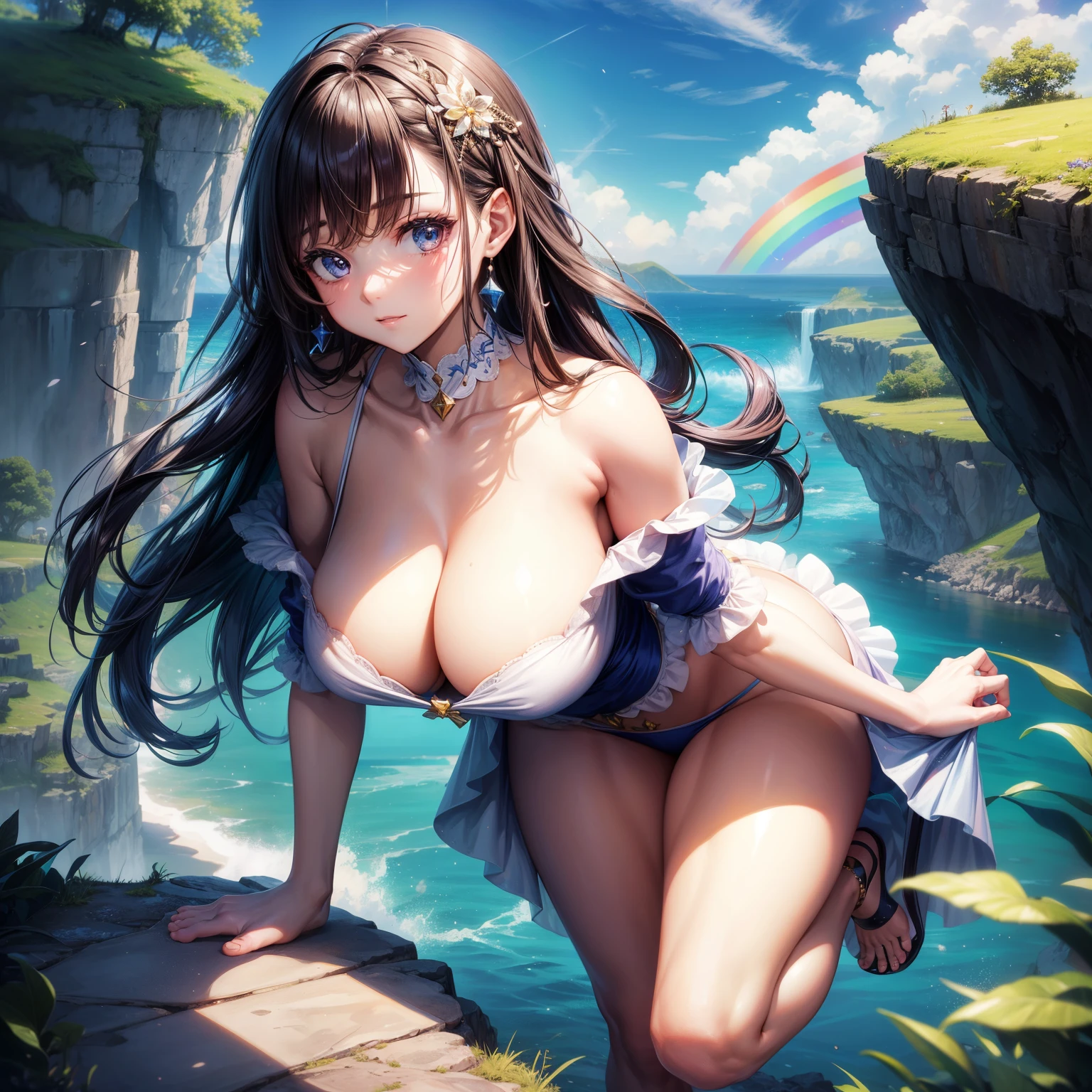 (8K ,Ultra-detailed,Super real photos,Best masterpiece,Nature,perfect work of art,perfect female body),two women,Sister and sister, sisters,rainbow hair,perfect face,(huge tits),neighbor wife,woman hairstyle,elegant wife,on the cliff,delicate and revealing ,Wearing a magical girl dress,Off-shoulder low-neck magical girl dress,super short thong,Wearing a low-cut police uniform,T-shaped small,huge big,naked leg,full body shot,elastic muscles,raised raised raised,Obscenity exposed