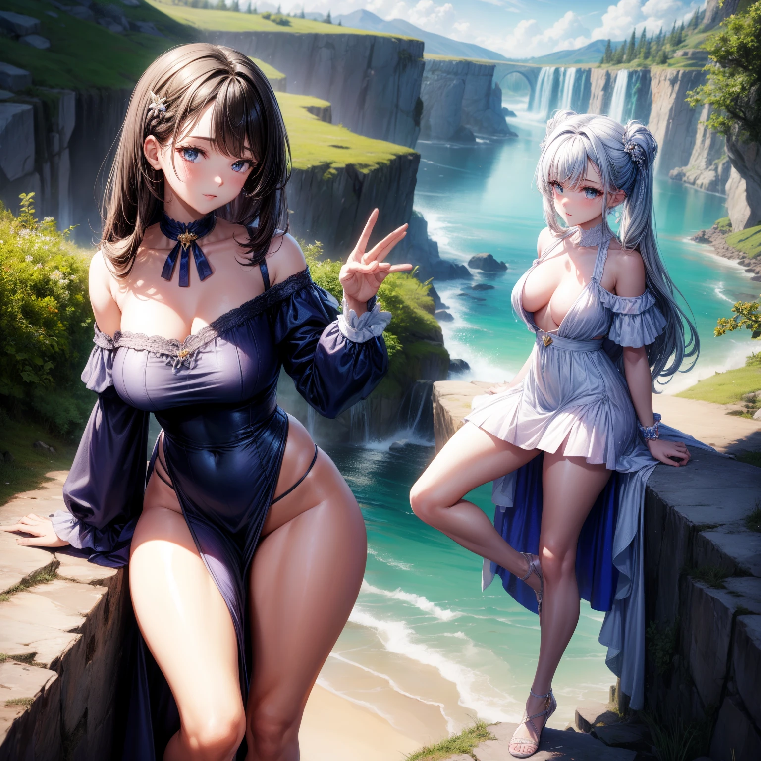 （8K ，Ultra-detailed，Super real photos，Best masterpiece，Nature，perfect work of art，perfect female body），two women，Sister and sister， sisters，rainbow hair，perfect face，（huge tits），neighbor wife，woman hairstyle，elegant wife，on the cliff，delicate and revealing ，Wearing a magical girl dress，Off-shoulder low-neck magical girl dress，super short thong，Wearing a low-cut police uniform，T-shaped small，huge  big，naked leg，full body shot，elastic muscles，raised raised raised，Obscenity exposed