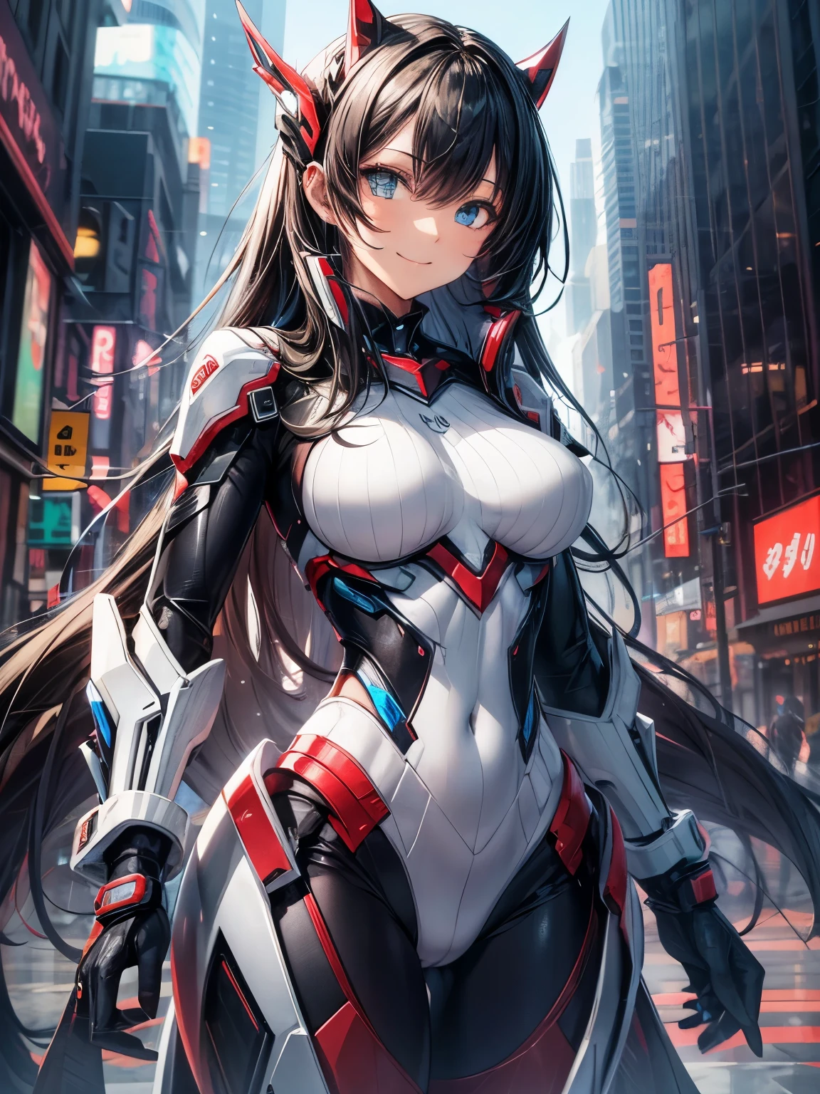 anime girl, long black hair, beautiful blue eyes, Mecha suit figure, nice background of rainy city, 8K, High resolution、sexy pose、big smile