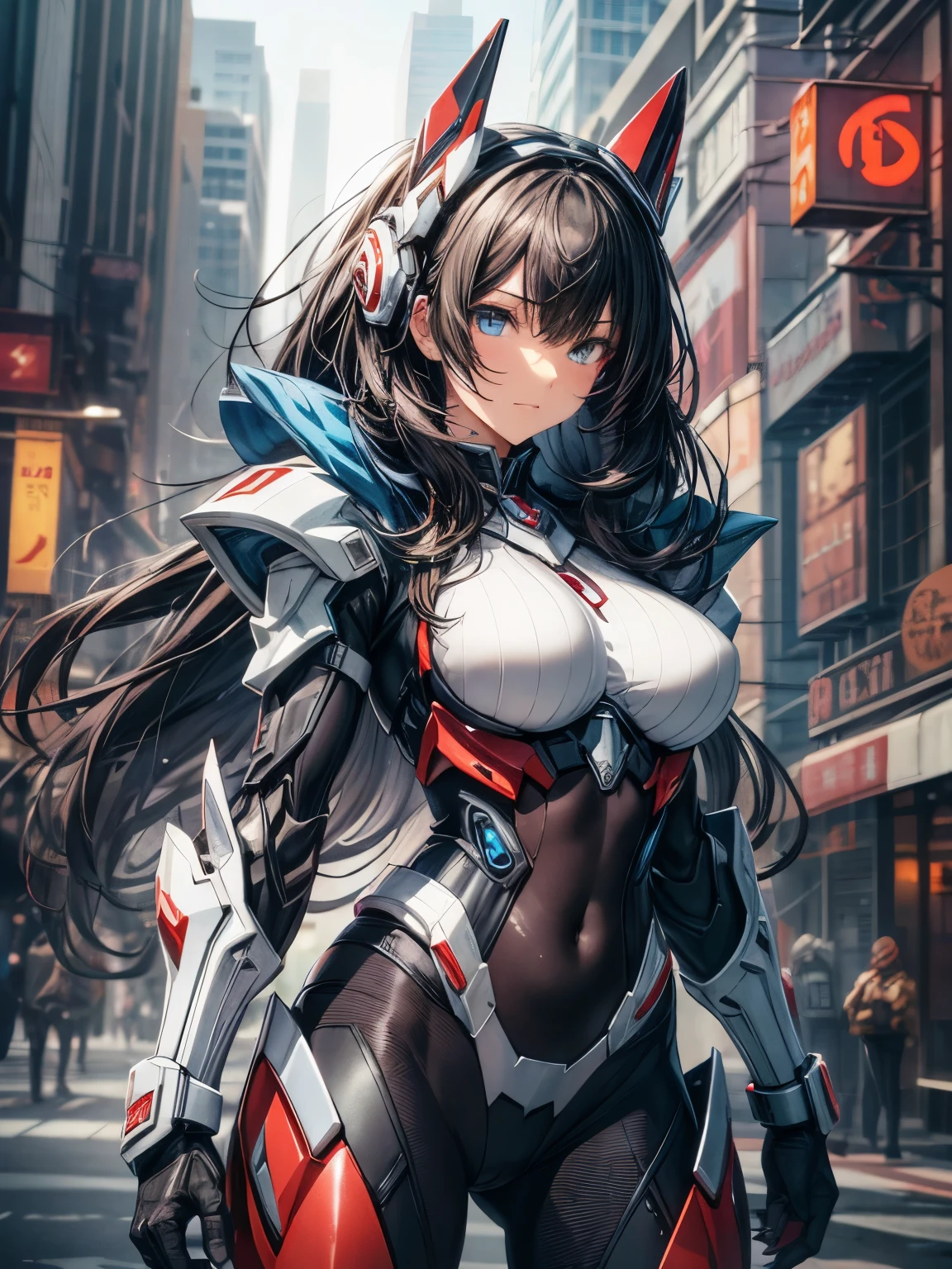 ((Shining lenses on both breasts:1.3))、((Pillars of red light radiate from both chests..:1.3))、((Attack pose:1.6))、((He has a red sword and a long rifle:1.6))、((Battle Scenes:1.8))、((8K)), ((32k)), ((Highest quality)), ((masterpiece)), ((超A high resolution)), ((Tmasterpiece)), ((Halation:1.4))、((Mechaニカルheadgear:1.2))、((Cyber headphones:1.3))Fine skin, High quality fabric, High-quality metal texture、((Beautiful and dense face))、RAW Photos、Professional, Ultra-fine painting, ((alone)), Beautiful breasts、Highest quality, Very detailed, Very detailed詳細, Finer details, so beautiful, ((Black Knight Robot:1.2)), (Joint of the machine, Mechanical Limbs:1.3), (The internal structure of the machine is exposed:1.3), (Long black hair:1.1), (Beautiful and huge mechanical breasts)、White Veil, cowboy_shot, Side Focus, headgear, Shiny、(Five Fingers, Four fingers and thumb),Concept Art, Anime fantasy artwork, Detailed fantasy art, (Has light blue-purple hair and black wings,,,,,,), (((Long black hair))), (Mecha:1.6)、Sleek and intimidating design, (Jet black perfect robot body)、Jet black and reddish purple arms, Symmetrical wings, 8K High Resolution, Detailed Art, 3D rendering of character art in 8K, neat legs, Defined, Defined fingers,((headshot:1.6))
