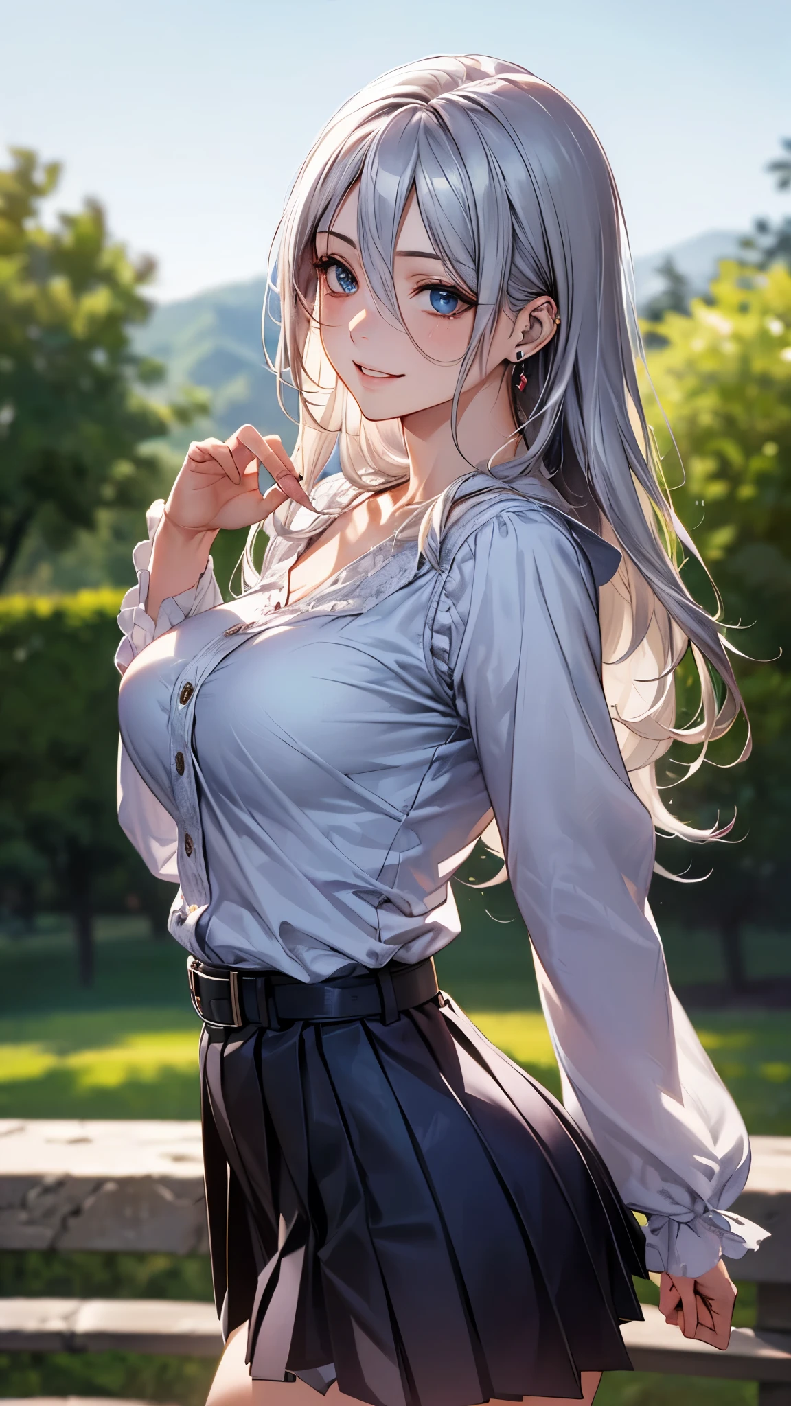 (masterpiece:1.2, top-quality), (realistic, photorealistic:1.4), beautiful illustration, (natural side lighting, movie lighting),
looking at viewer, cowboy shot, front view, 1 girl, japanese, high school girl, perfect face, cute and symmetrical face, shiny skin, babyface,
(long hair, straight hair, silver hair), hair between eyes, blue eyes, (middle breasts, seductive thighs, big ass), piercings,
beautiful hair, beautiful face, beautiful detailed eyes, beautiful clavicle, beautiful body, beautiful chest, beautiful thigh, beautiful legs, beautiful fingers,
((long sleeve, puff sleeves white blouse, pleated middle skirt, belt, )), , light blue knitted vest,
(beautiful scenery), evening, park, walking, (lovely smile, upper eyes),