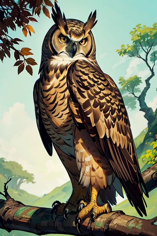 Eurasian eagle owl,brown eyes,bird of prey,sitting on a branch,peaceful atmosphere,mappa art style,majestic,beautiful feathers,intense gaze,proud posture,imposing silhouette,sharp talons,feathery details,mystical aura,majestic creature