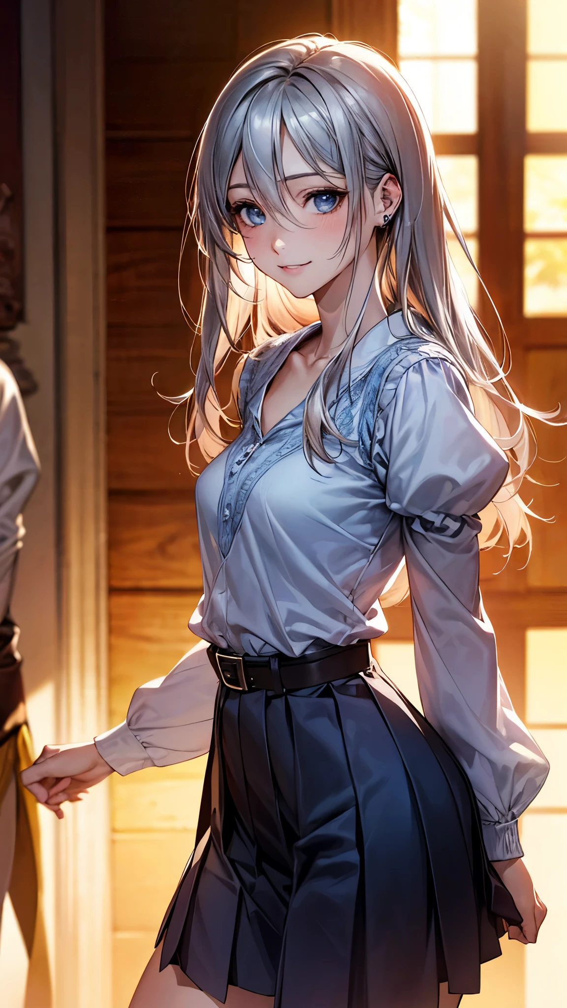 (masterpiece:1.2, top-quality), (realistic, photorealistic:1.4), beautiful illustration, (natural side lighting, movie lighting),
looking at viewer, cowboy shot, front view, 1 girl, japanese, high school girl, perfect face, cute and symmetrical face, shiny skin, babyface,
(long hair, straight hair, silver hair), hair between eyes, blue eyes, (middle breasts, seductive thighs, big ass), piercings,
beautiful hair, beautiful face, beautiful detailed eyes, beautiful clavicle, beautiful body, beautiful chest, beautiful thigh, beautiful legs, beautiful fingers,
((long sleeve, puff sleeves white blouse, pleated middle skirt, belt, )), , light blue knitted vest,
(beautiful scenery), evening, park, walking, (lovely smile, upper eyes),