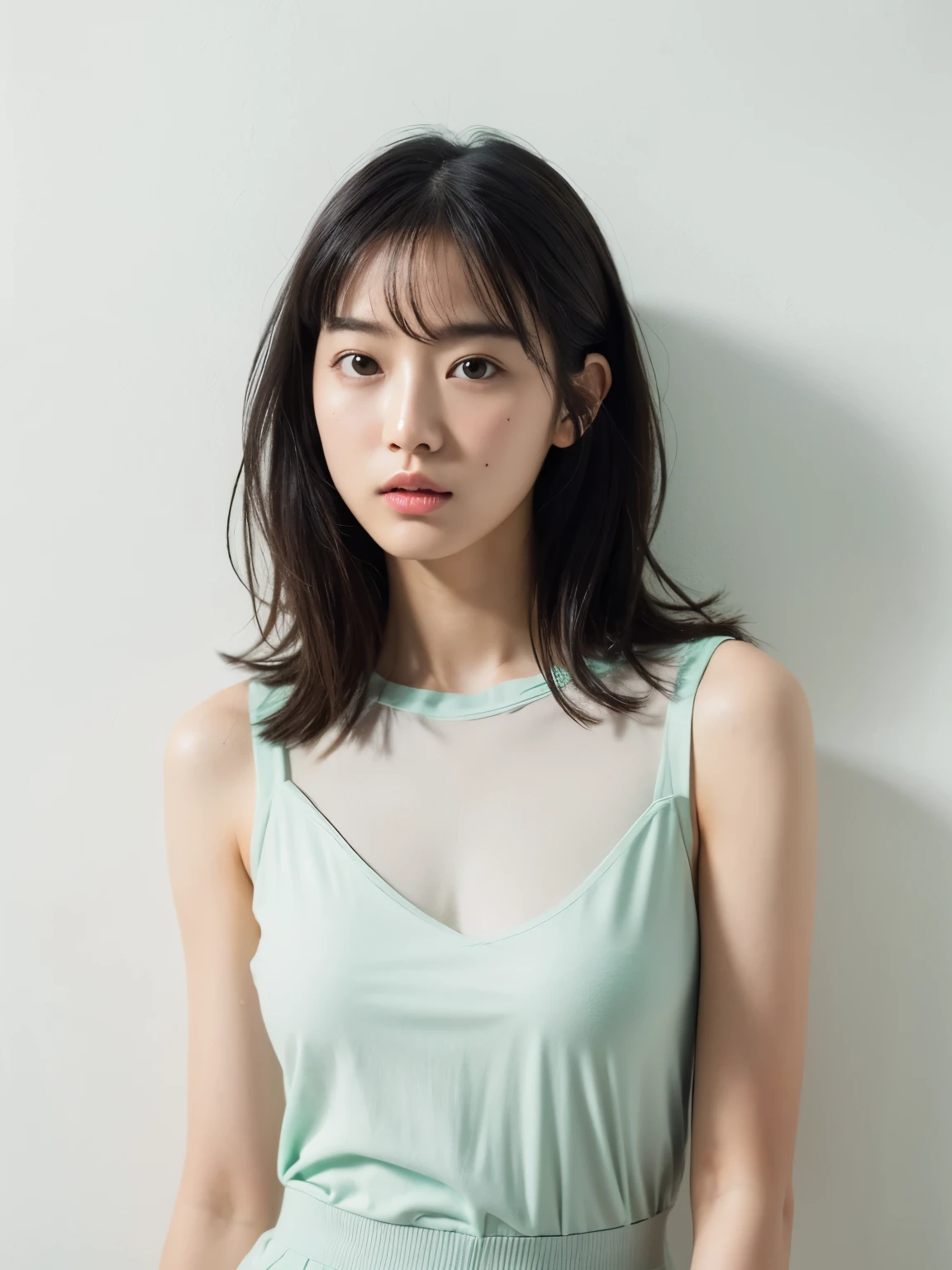 See-through tops、巨乳、キャミソール、(背景にwhite wall、Part of her clothes is Mint green:1.4)、white wall、Taken in front of the white door、(窓のあるwhite wallの部屋)、((highest quality、8K、masterpiece:1.3))、ultra high resolution、(photorealistic:1.4)、raw photos、Japanese,(details face)、real、Shot in natural light、Highly detailed face and skin texture、highly detailed lips、correct state of the human body、medium hair、black hair、various poses、natural color lip