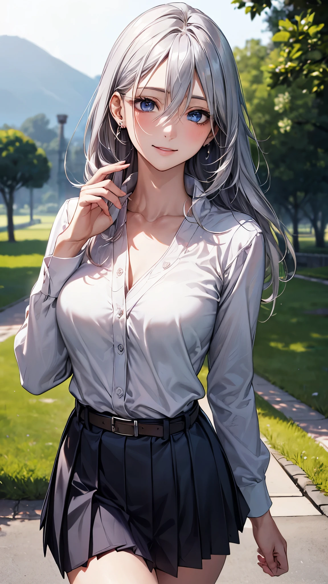(masterpiece:1.2, top-quality), (realistic, photorealistic:1.4), beautiful illustration, (natural side lighting, movie lighting),
looking at viewer, cowboy shot, front view, 1 girl, japanese, high school girl, perfect face, cute and symmetrical face, shiny skin, face,
(long hair, straight hair, silver hair), hair between eyes, blue eyes, (middle breasts, seductive thighs, big ass), piercings,
beautiful hair, beautiful face, beautiful detailed eyes, beautiful clavicle, beautiful body, beautiful chest, beautiful thigh, beautiful legs, beautiful fingers,
((long sleeve white blouse, pleated middle skirt, belt, )), , light blue knitted vest,
(beautiful scenery), evening, park, walking, (lovely smile, upper eyes),