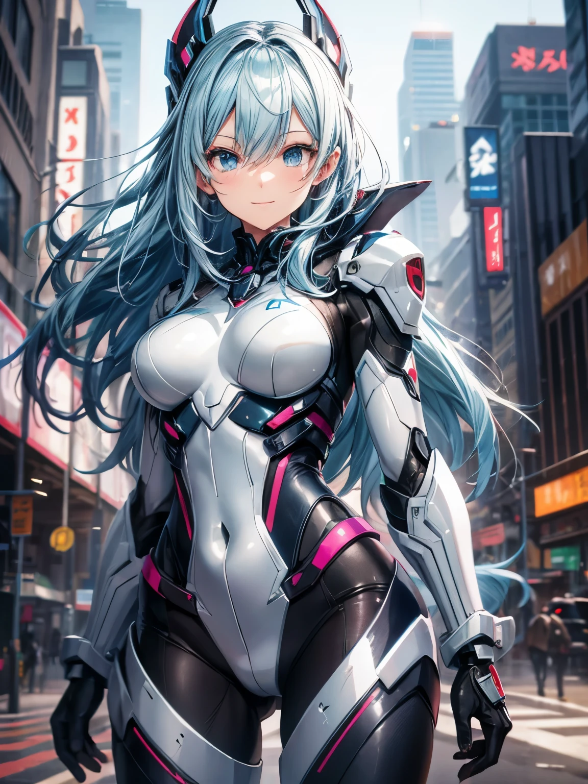 anime girl, long light blue hair, beautiful blue eyes, Mecha suit figure, nice background of rainy city, 8K, High resolution、sexy pose、big smile