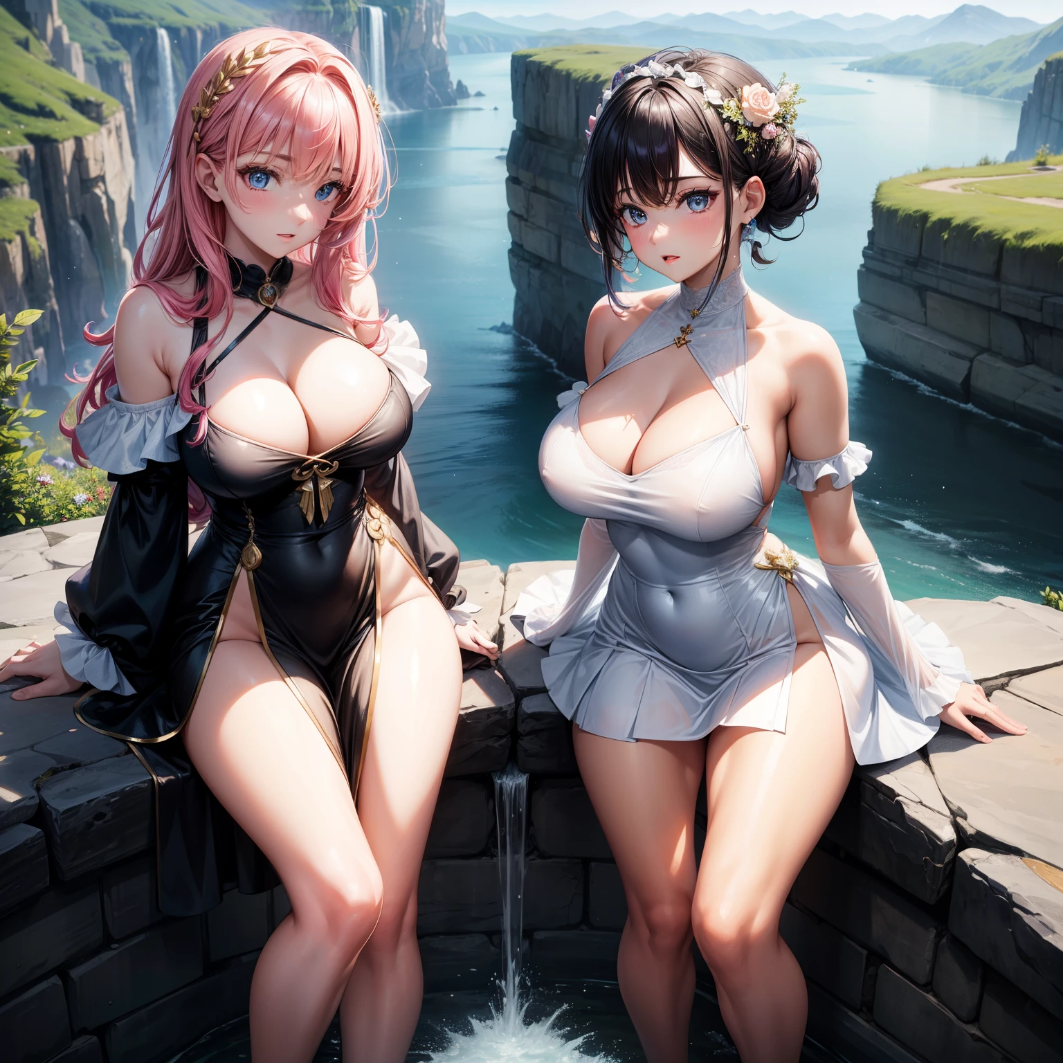 (8K ,Ultra-detailed,Super real photos,Best masterpiece,Nature,perfect work of art,perfect female body),two women,Sister and sister, sisters,rainbow hair,perfect face,(huge tits),neighbor wife,woman hairstyle,elegant wife,on the cliff,delicate and revealing ,Wearing a magical girl dress,Off-shoulder low-neck magical girl dress,super short thong,Wearing a low-cut police uniform,T-shaped small,huge big,naked leg,full body shot,elastic muscles,raised raised raised,Obscenity exposed