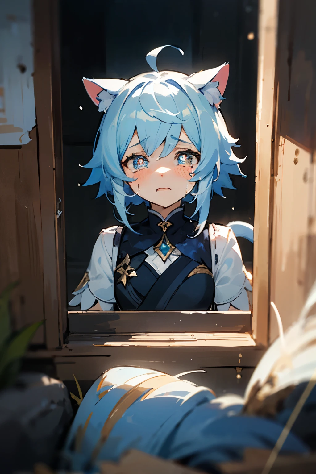 Masterpiece, best quality, 1girl, furina, genshin impact, white hair, blue hair, cute, teae shaped pupils, cat ears, cat tail, sad, cry, abandoned city