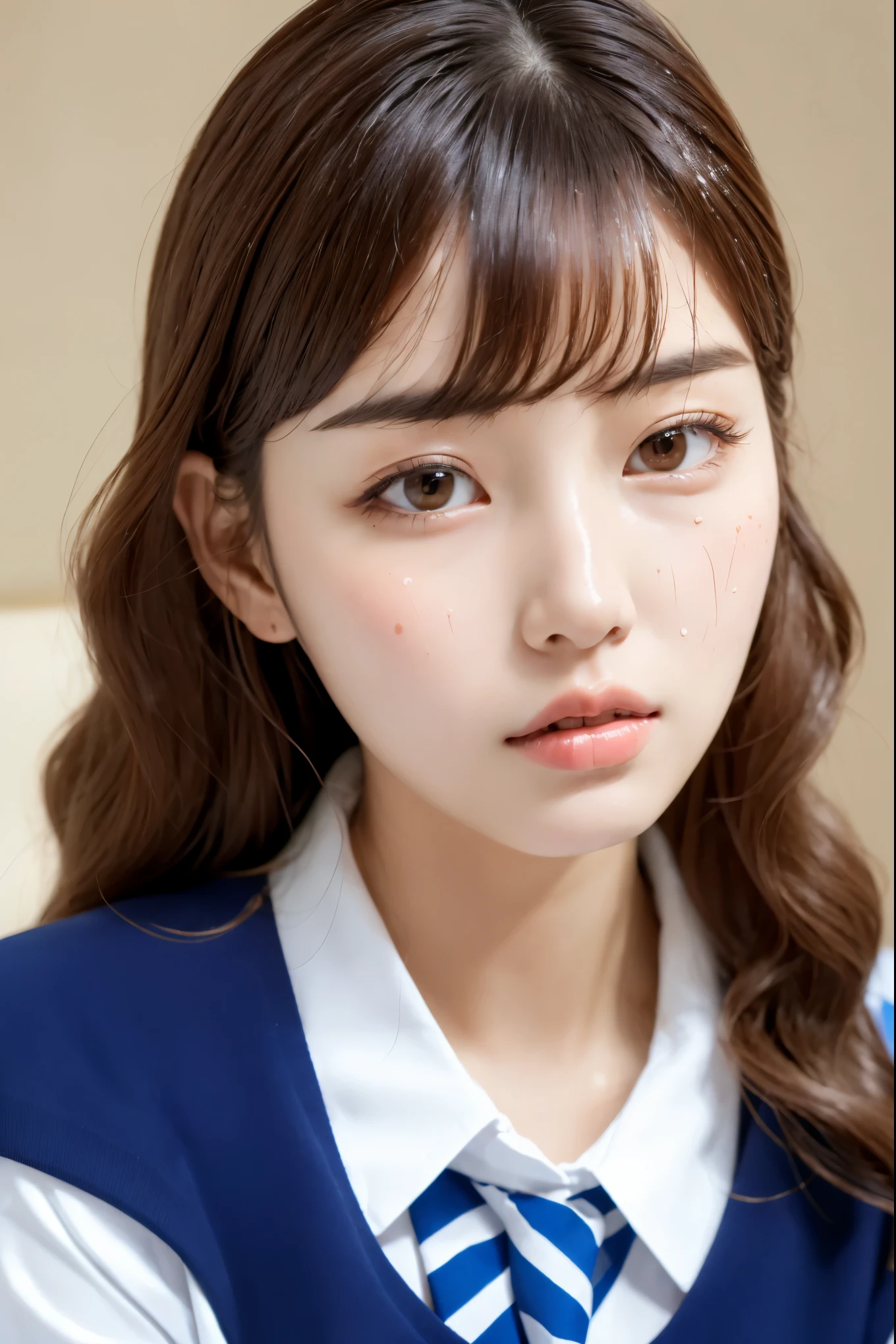nsfw, (cum on face:1.6), (masterpiece:1.3)、Super detailed finish、(High resolution、8k:1.3)、(highest quality、Super realistic like a photo:1.5)、sharp focus, ultra high definition face、Face is in focus、Ultra high definition and beautiful eyes、focused eyes、close up on face、Eyes are symmetrical:1.3、High-definition and beautiful skin、firm skin、Ultra high definition hair texture、Japanese high school girl、17 years old、(half updo:1.1), (business suit:1.3)、office、(embarrassed:1.3), (blush:1.3), (Strange look:1.3), Mr.々shooting angle:1.3, looking at viewer:1.3、holding a thick pink sausage in its mouth