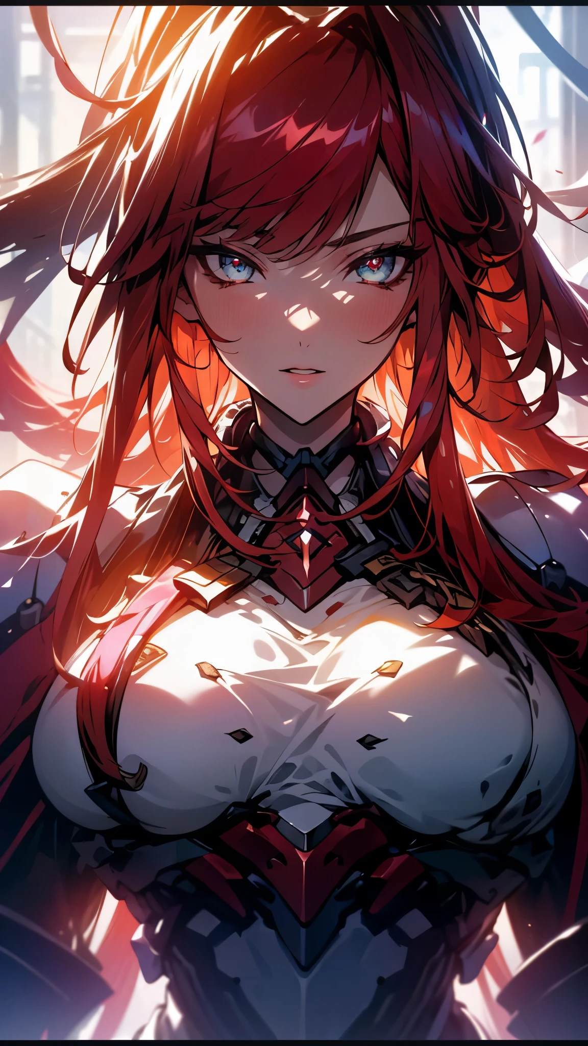 (UHD, retina, masterpiece, accurate, anatomically_correct, textured_skin, super_detail, high_details, high_quality, best_quality, high_res, 1080P, HD, 4K, 8k, 16k), (beautiful_detailed_eyes, beautiful_detailed_lips, extremely_detailed_eyes_and_face), soft_lighting, physically-based_rendering, vivid_colors, (large_breasts:1.5), (shiny_hair, shiny_skin, tanned_skin, blush), (bangs:1.5), eye_reflection, (assaultriflei:1.5),
