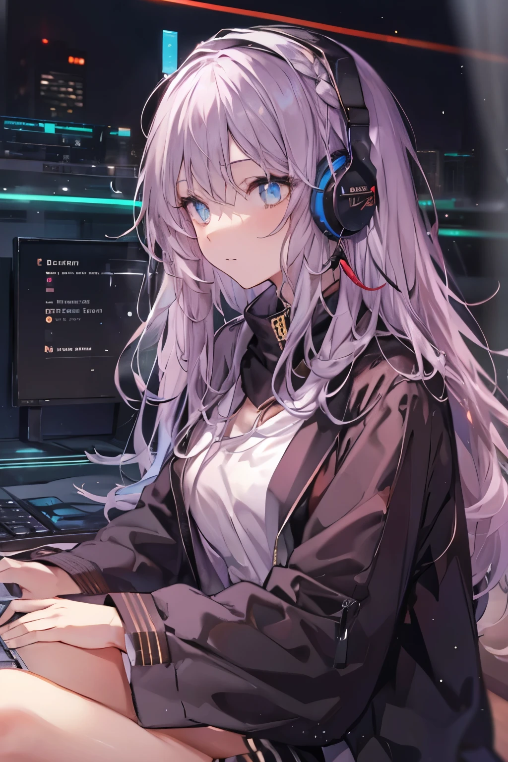 golden eyes、Woman using computer with big screen、silber hair、Semi-long hair、Wearing cool headphones,{{{{{{{{ Black Parker Oversize }}}}}}}},beautiful and delicate golden eyes,Thinking,Black clothes,