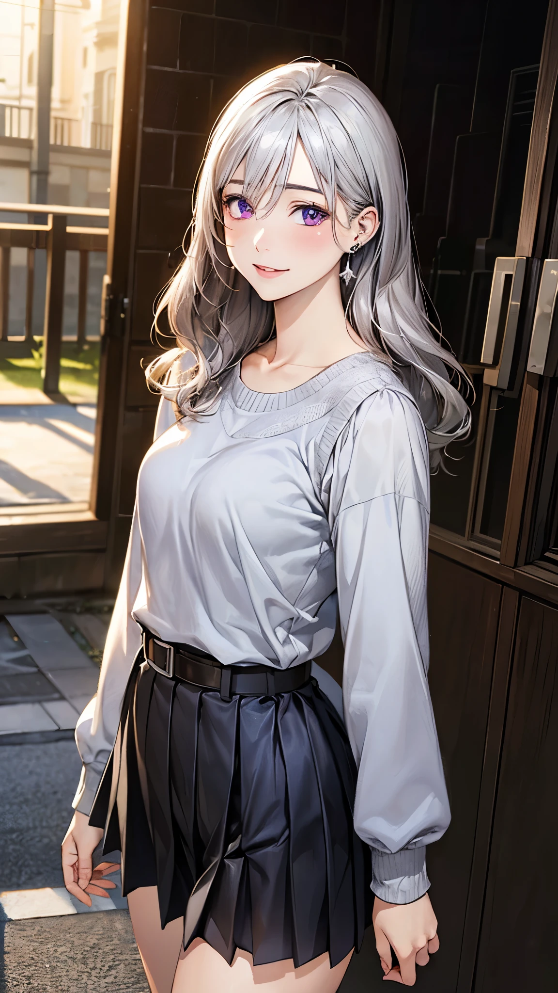 (masterpiece:1.2, top-quality), (realistic, photorealistic:1.4), beautiful illustration, (natural side lighting, movie lighting),
looking at viewer, cowboy shot, front view, 1 girl, japanese, high school girl, perfect face, cute and symmetrical face, shiny skin, babyface,
(long hair, straight hair, silver hair), hair between eyes, purple eyes, (middle breasts, seductive thighs, big ass), piercings,
beautiful hair, beautiful face, beautiful detailed eyes, beautiful clavicle, beautiful body, beautiful chest, beautiful thigh, beautiful legs, beautiful fingers,
((long sleeve light grey blouse, pleated middle skirt, belt, )), , light blue knitted vest,
(beautiful scenery), evening, park, walking, (lovely smile, upper eyes),