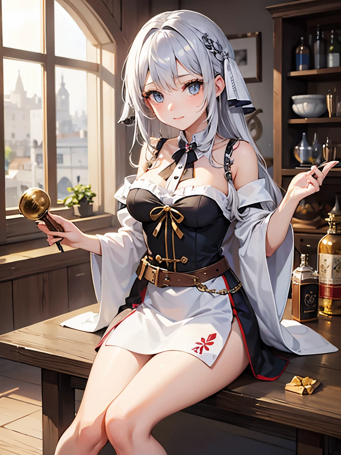 cute merchant girl, silver hair, hazel eyes