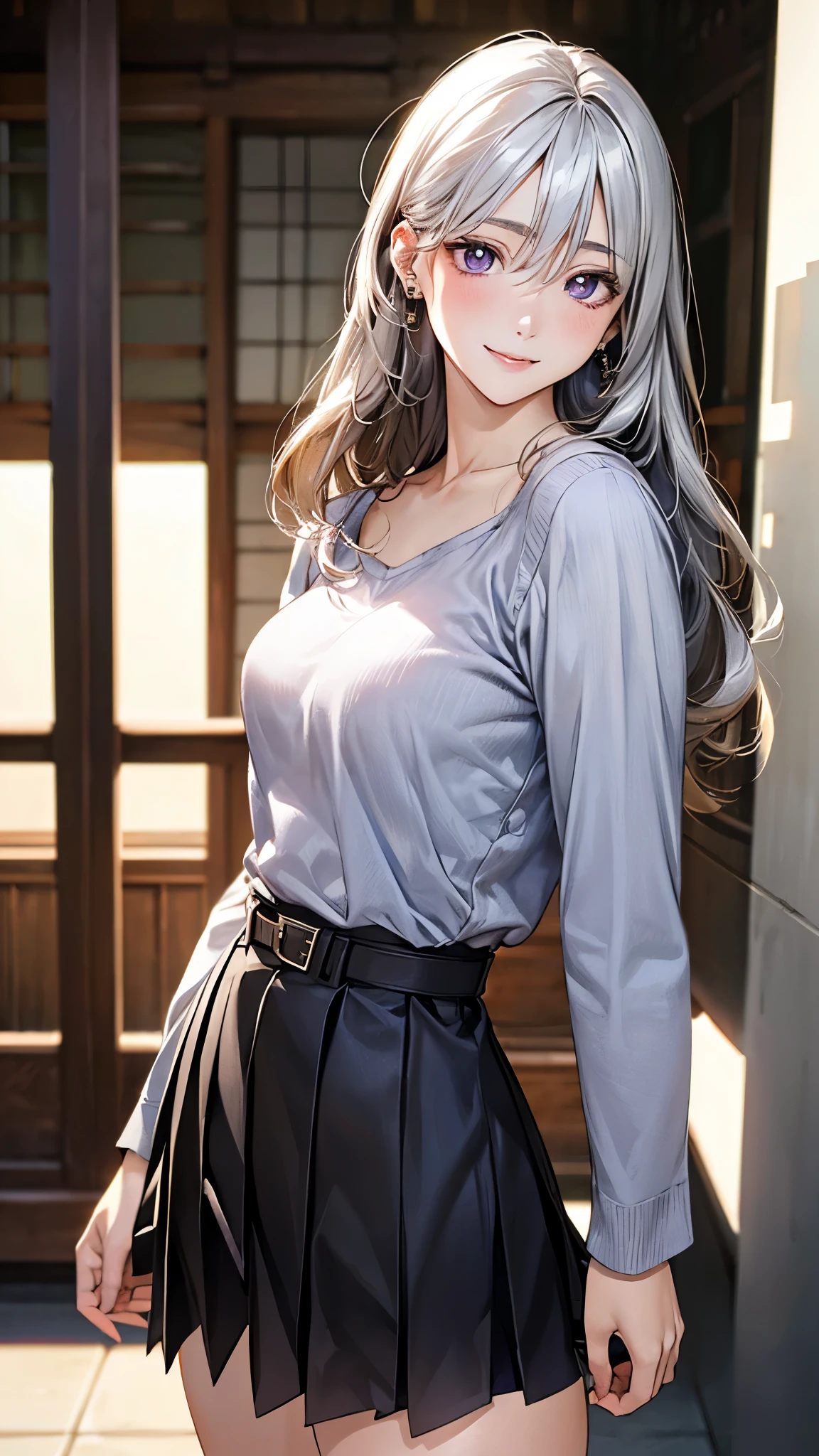 (masterpiece:1.2, top-quality), (realistic, photorealistic:1.4), beautiful illustration, (natural side lighting, movie lighting),
looking at viewer, cowboy shot, front view, 1 girl, japanese, high school girl, perfect face, cute and symmetrical face, shiny skin, babyface,
(long hair, straight hair, silver hair), hair between eyes, purple eyes, (middle breasts, seductive thighs, big ass), piercings,
beautiful hair, beautiful face, beautiful detailed eyes, beautiful clavicle, beautiful body, beautiful chest, beautiful thigh, beautiful legs, beautiful fingers,
((long sleeve light grey blouse, pleated middle skirt, belt, )), , light blue knitted vest,
(beautiful scenery), evening, park, walking, (lovely smile, upper eyes),