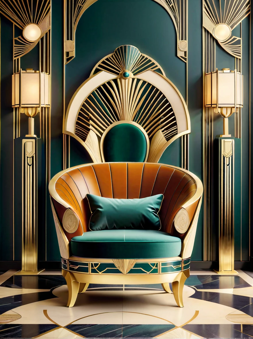 Create the image of a beautiful chair in Art Deco style。The chair should reflect the elegance and sophistication of Art Deco，have geometric shape、强烈的线条和Fashion的设计。The structure of the chair should be symmetrical、Fashion，Focus on luxury and comfort。The interior can use a rich、Bold colors，Supplemented by metal decoration or inlays，Adds a touch of glamor and shine。Chair legs and armrests should be streamlined、Exquisite appearance，Reflecting the modernity and high-end taste of the Art Deco period。The overall composition should have a visual impact，and represents the uniqueness of this artistic movement、Fashion本质。