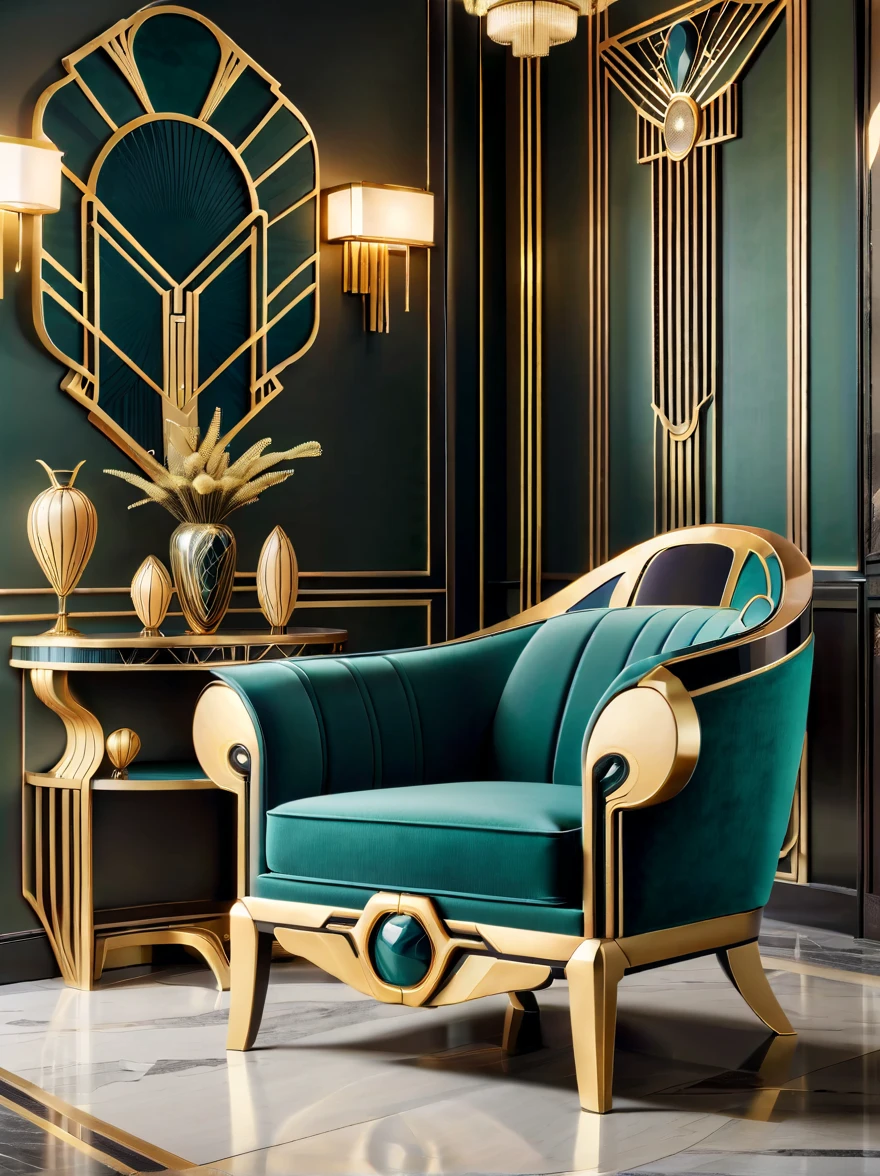 Create the image of a beautiful chair in Art Deco style。The chair should reflect the elegance and sophistication of Art Deco，have geometric shape、强烈的线条和Fashion的设计。The structure of the chair should be symmetrical、Fashion，Focus on luxury and comfort。The interior can use a rich、Bold colors，Supplemented by metal decoration or inlays，Adds a touch of glamor and shine。Chair legs and armrests should be streamlined、Exquisite appearance，Reflecting the modernity and high-end taste of the Art Deco period。The overall composition should have a visual impact，and represents the uniqueness of this artistic movement、Fashion本质。