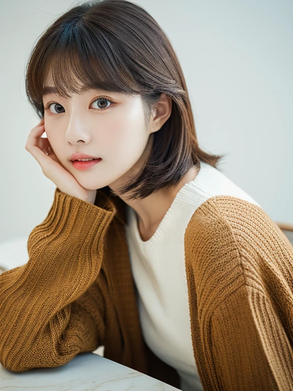 ((table top,highest quality)), (photo-realistic:1.4),((table top,8K))、white wall、(white room)、((full body photo))、Shot in natural light、Highly detailed face and skin texture、highly detailed lips、correct state of the human body、ultra high resolution、(Photoreal:1.4)、highest quality, 1 beautiful woman, 28 years old, s, 250mm lens、pale yellow knit、(Dark brown medium shorthair)、japanese woman、(dark brown hair)、Versatile poses、look at the camera、natural color lip、Winter clothes、 necklace、indoor