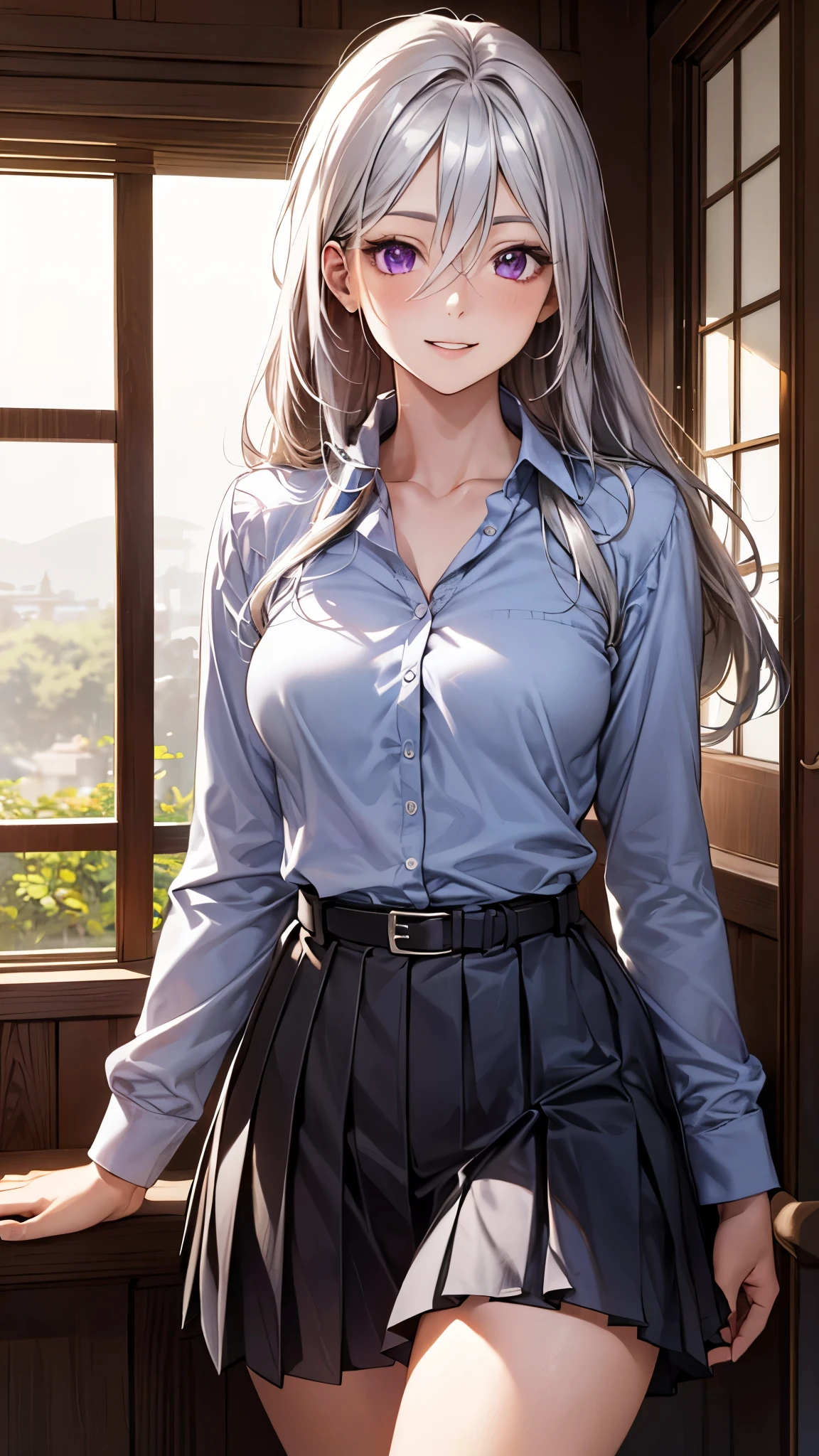 (masterpiece:1.2, top-quality), (realistic, photorealistic:1.4), beautiful illustration, (natural side lighting, movie lighting),
looking at viewer, cowboy shot, front view, 1 girl, japanese, high school girl, perfect face, cute and symmetrical face, shiny skin, babyface,
(long hair, straight hair, silver hair), hair between eyes, purple eyes, (middle breasts, seductive thighs, big ass), piercings,
beautiful hair, beautiful face, beautiful detailed eyes, beautiful clavicle, beautiful body, beautiful chest, beautiful thigh, beautiful legs, beautiful fingers,
((long sleeve light grey collared shirts, pleated middle skirt, belt, )), , light blue knitted vest,
(beautiful scenery), evening, park, walking, (lovely smile, upper eyes),
