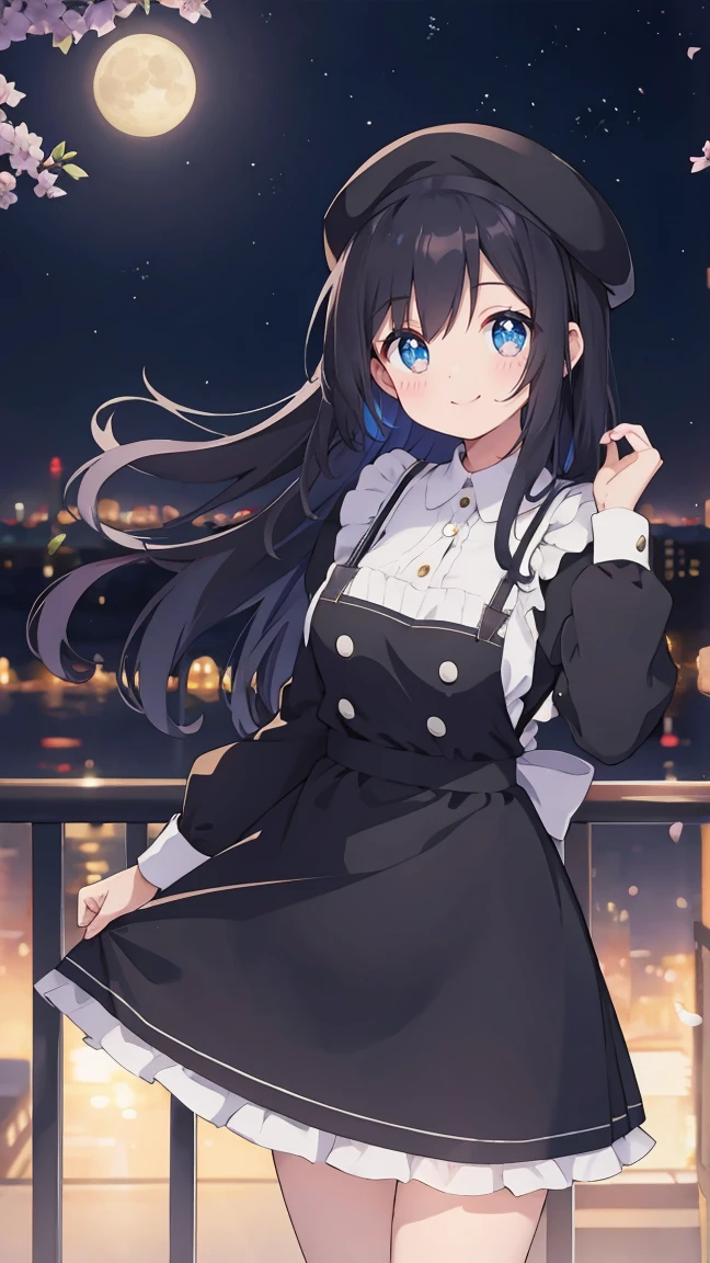 Anime girl with long black hair wearing a beret, shy smile, small breasts, apron dress, anime style 4k, beautiful anime portrait, anime moe art style, anime art wallpaper 4k, anime art wallpaper 4k, High quality anime art style, anime style portrait, Gweiz, artwork in the style of Gweiz, detailed digital anime art, anime art wallpaper 8k, cute anime girl portrait, Moonlight night, whole body