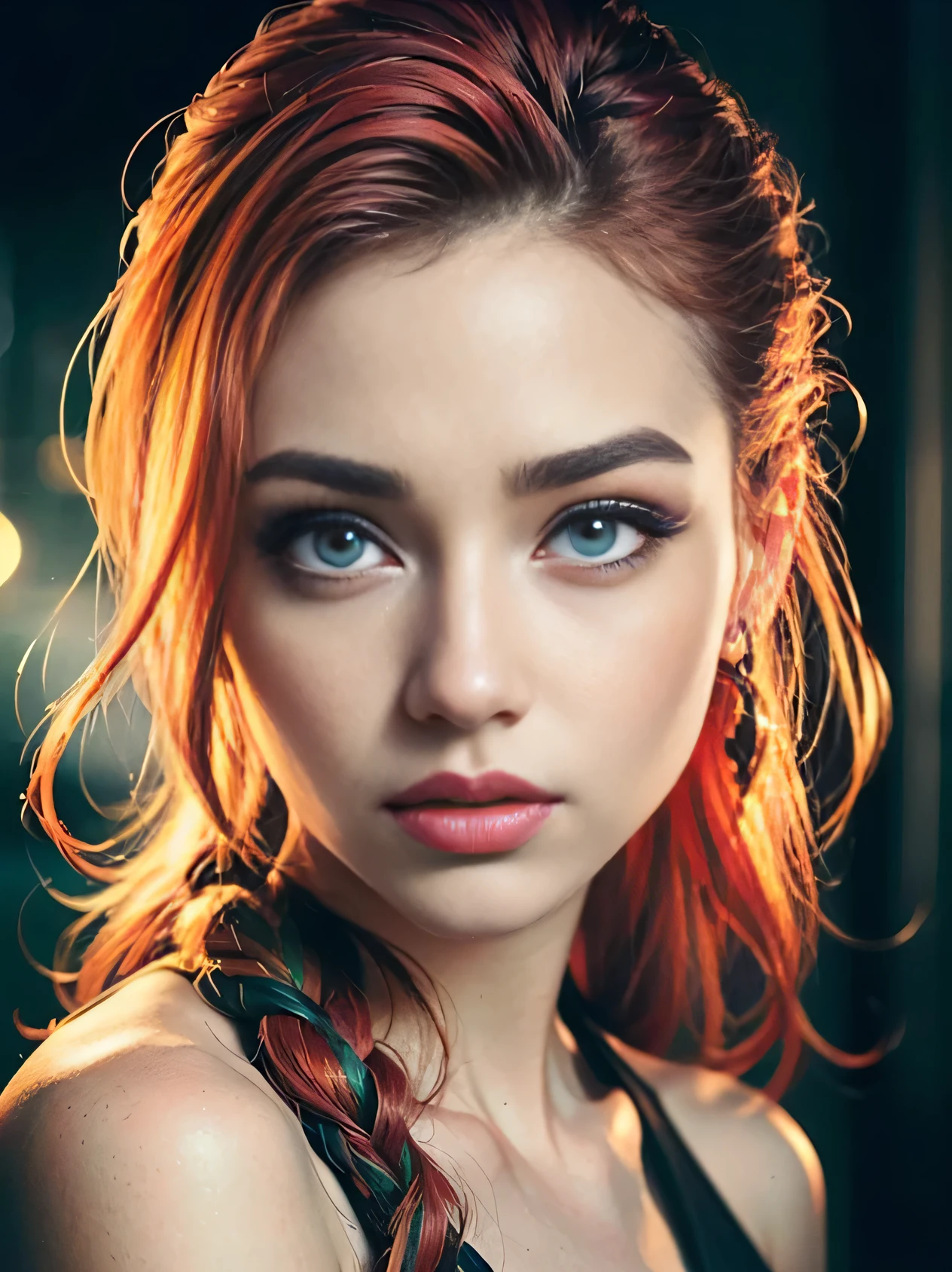 ((Best quality)), ((masterpiece)(erotic pose:1), (highly detailed face:1.3), (higly detailed eyes:1.5), (ultra photorealistic:1.3), (masterpiece:1.4), best quality, ((realistic)), high quality, ultra detailed, ((Real picture)), ((realistic skin)), ((realistic face)), (best quality:1.1), (illustration:1.05), (1girl:1.05), (beautiful:1.05), (beautiful detailed eyes:1.05), (cinematic light:1.1), (cehst up), (red hair), (faded hair roots), (green eyes)