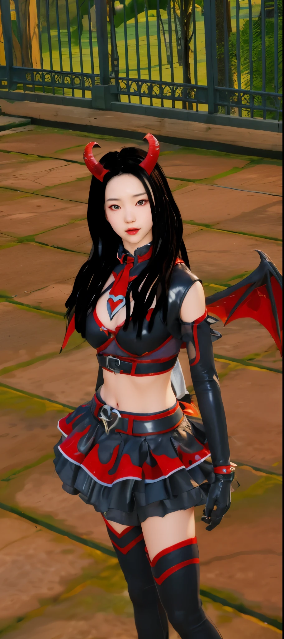 Real life adaption of this character, Korean beauty face, realistic devil horn on her head,realistic same devil wings,(wear realistic same outfit), realistic background,realistic light, realistic shadow, realism, hyper realistic,(photorealistic 1:2)