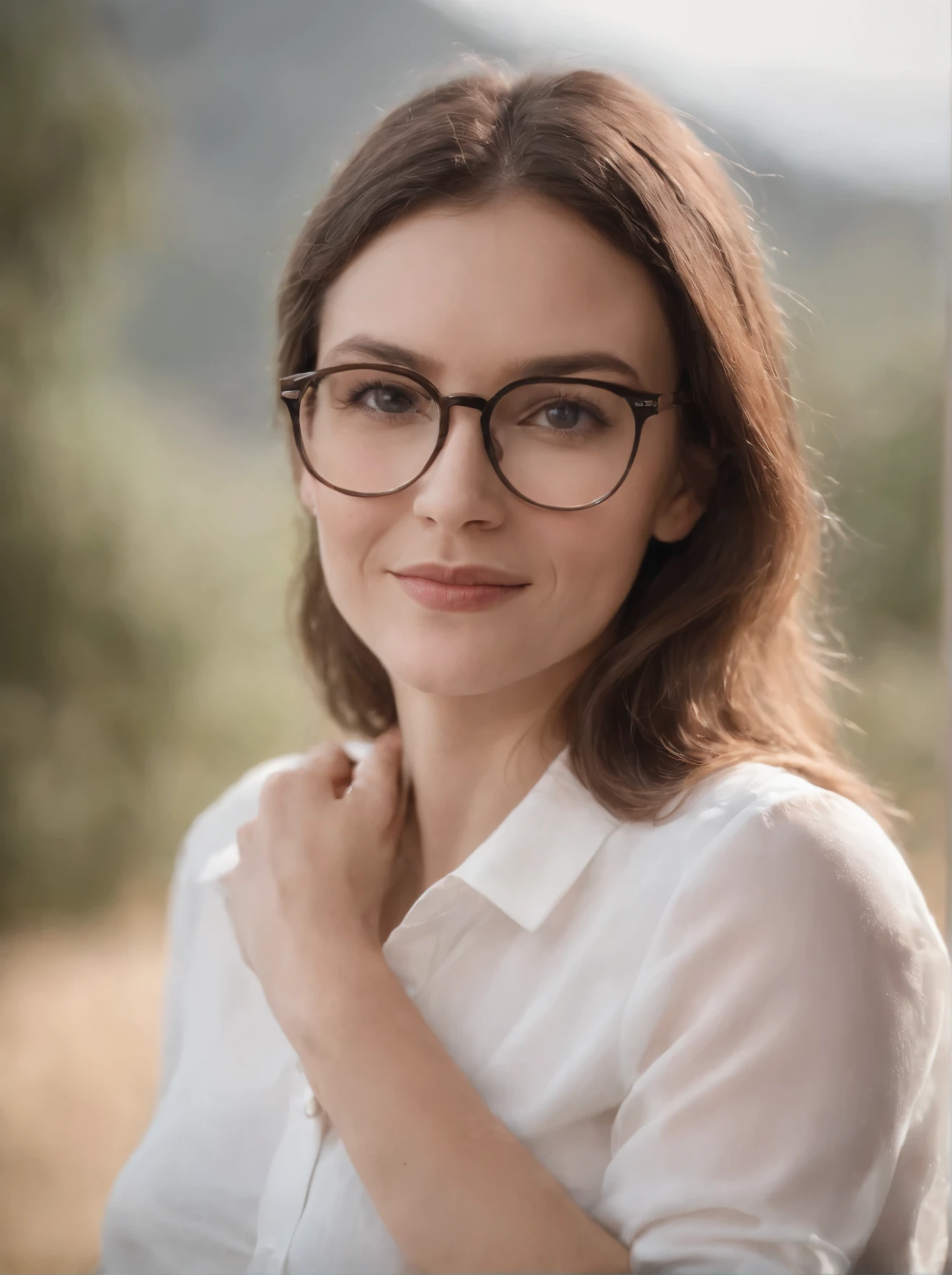 woman with glasses and a white shirt smiling, a picture by Kathleen Guthrie, reddit, plein air, louise dalh - wolfe, johannen voss, jenni pasanen, suzanne engelberg, front portrait, véronique meignaud, laurie greasly, rowena morrill, bonnie maclean