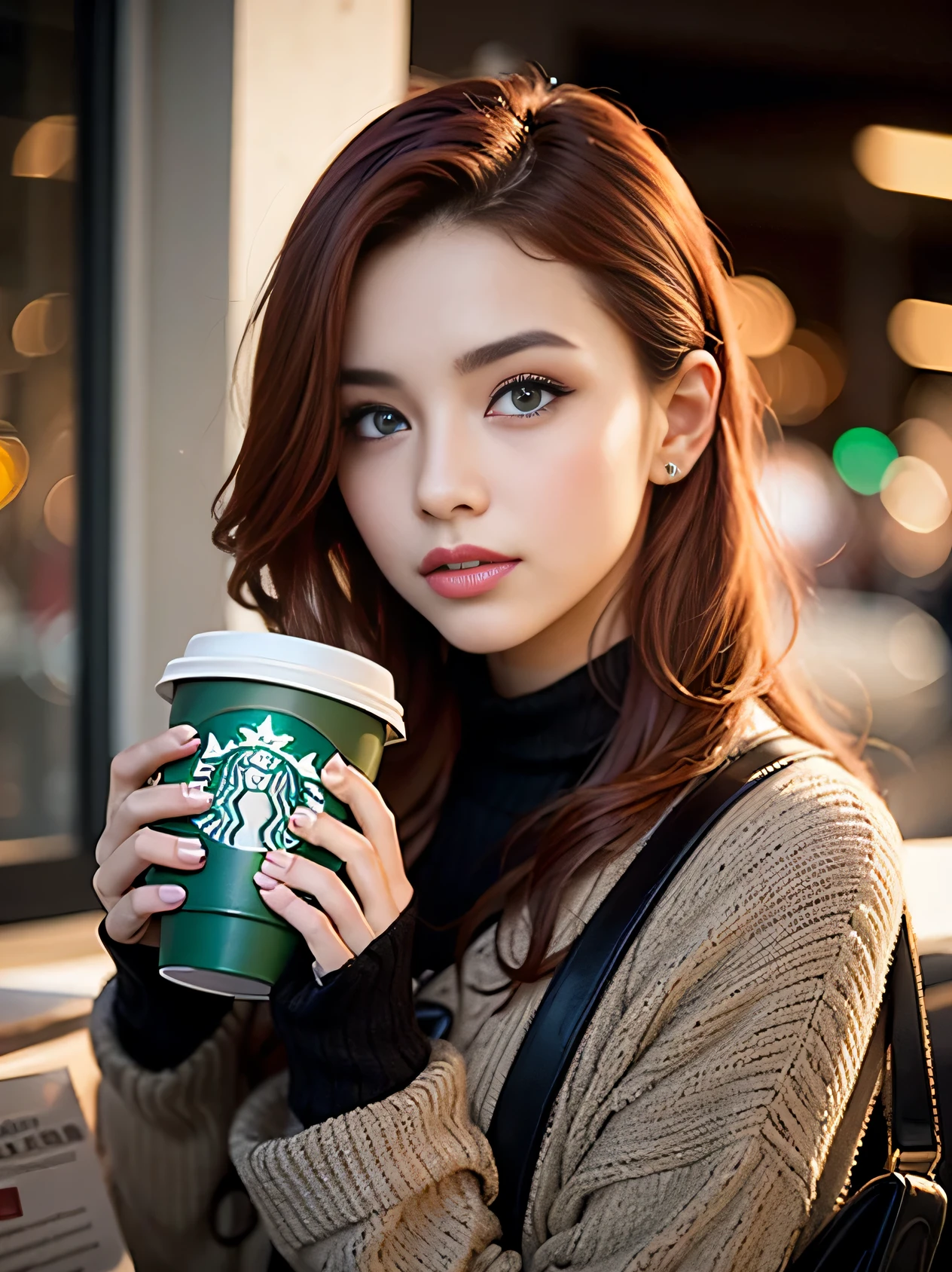 beautiful red hair girl with green eyes, in a winter city scenario, holding a cup of starbucks coffee, in a sexy position, beautiful face and eyes, super realistic skin, subtle blur in the background