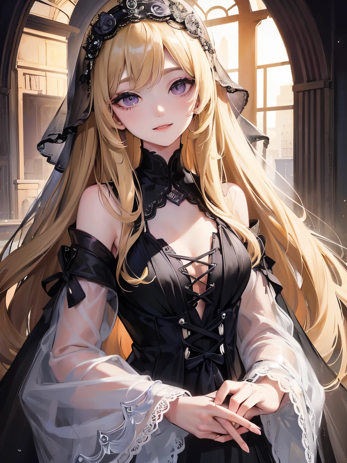 blonde girl、long hair、straight hair、purple eyes、Wearing a black veil、black dress、Decolletage、lace dress、young girl、droopy eyes、gentle expression、Smile on the cheek、have flowers、detailed face、High resolution、In the sunshine、headdress、bangs
