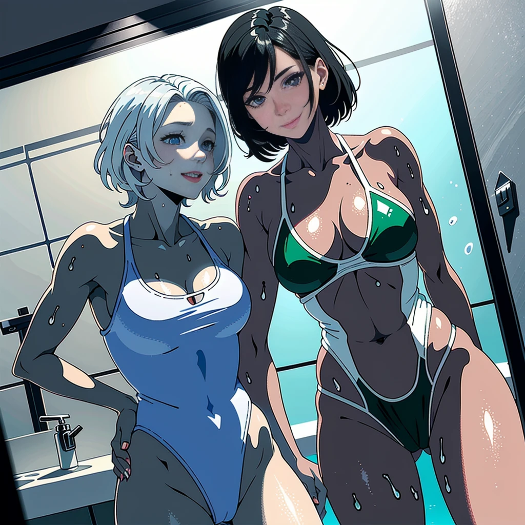 (2 mature succubus), (Transparent melting swimwear:1.4) 、(​Masterpiece, 8K resolution, Best Quality ), (Hermaphrodite:1.9), (Erecting Futanari penis :1.8, Feminine physique:1.2、Feminine face), Sexy Pose, wet and messy hair, (high-level image quality、high-detail), In the bathroom:1.2 , silver air-mattress :1.8, Take a shower of white liquid covered all over the body, (seducting smile, Ecstatic smile and inviting to you),(Hot sweaty body)、Whole body covered with crowded white liquid , (Color variations of skin, Color variations of hair, Colors variations of eyes, Color variations of uniforms )