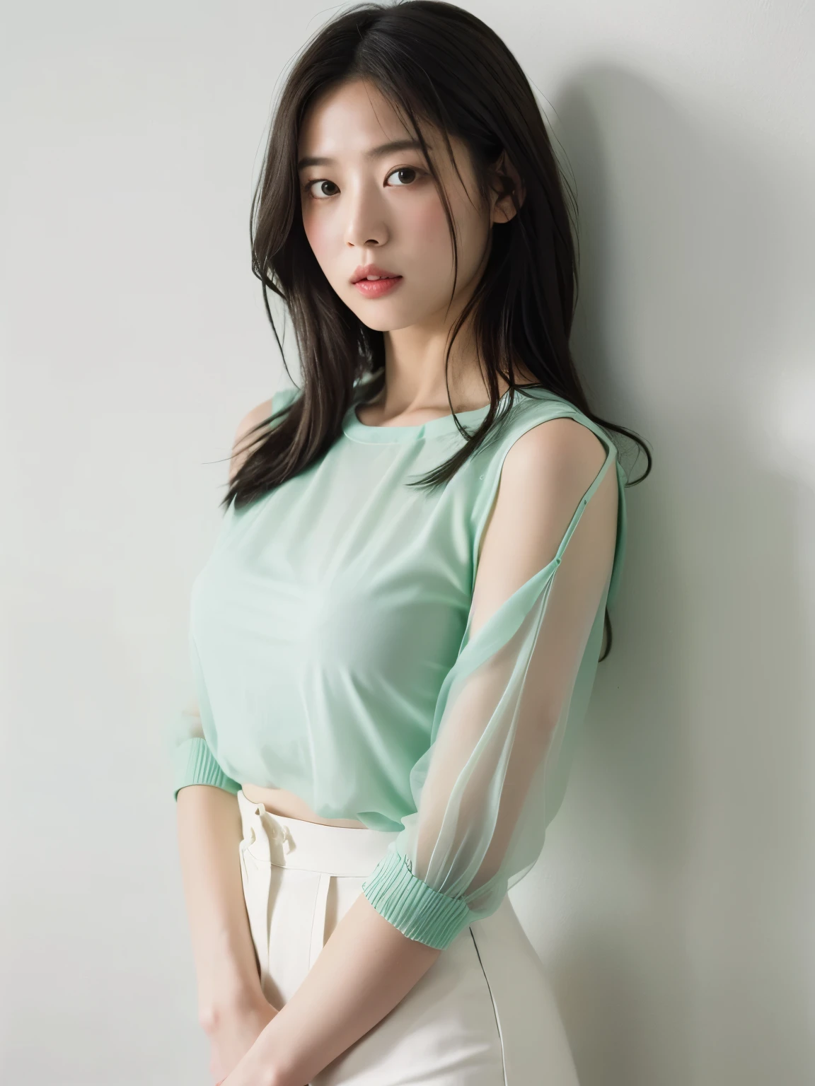 See-through tops、巨乳、キャミソール、むちむちな太もも、(背景にwhite wall、Part of her clothes is Mint green:1.4)、white wall、Taken in front of the white door、(窓のあるwhite wallの部屋)、((highest quality、8K、masterpiece:1.3))、ultra high resolution、(photorealistic:1.4)、raw photos、Japanese,(details face)、real、Shot in natural light、Highly detailed face and skin texture、highly detailed lips、correct state of the human body、medium hair、black hair、various poses、natural color lip