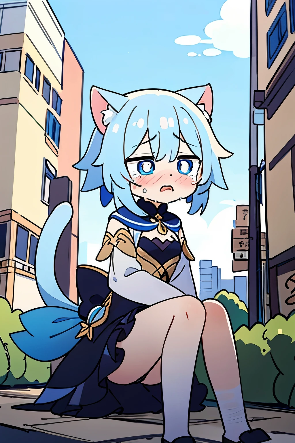 Masterpiece, best quality, 1girl, furina, genshin impact, white hair, blue hair, cute, teae shaped pupils, cat ears, cat tail, sad, cry, abandoned city