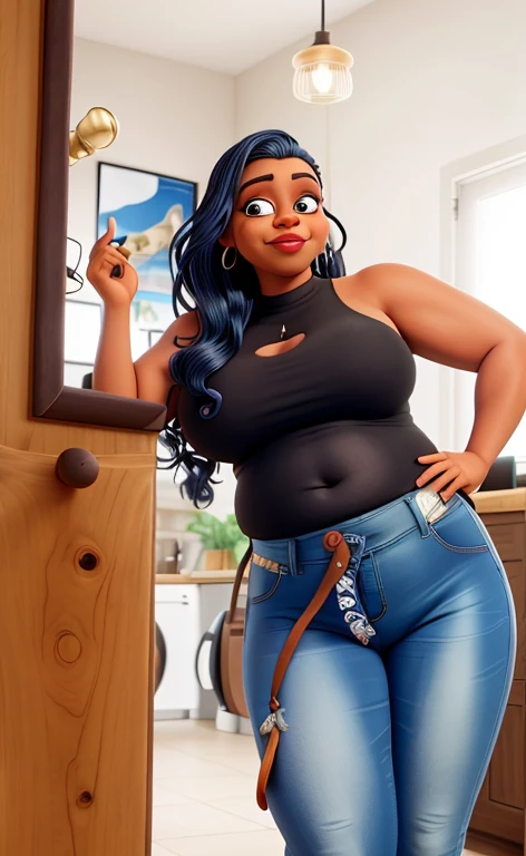 Araffe mulher em um top preto e jeans posando para uma foto, cintura fina e quadris grossos, ela tem uma barriga redonda e gorda, Mulher de 30 anos de Cuba, her belly is fat and round, beautiful thick female, coxas grossas, quadris mais largos, corpo grosso, taken at the beginning of 2020, coxas grandes