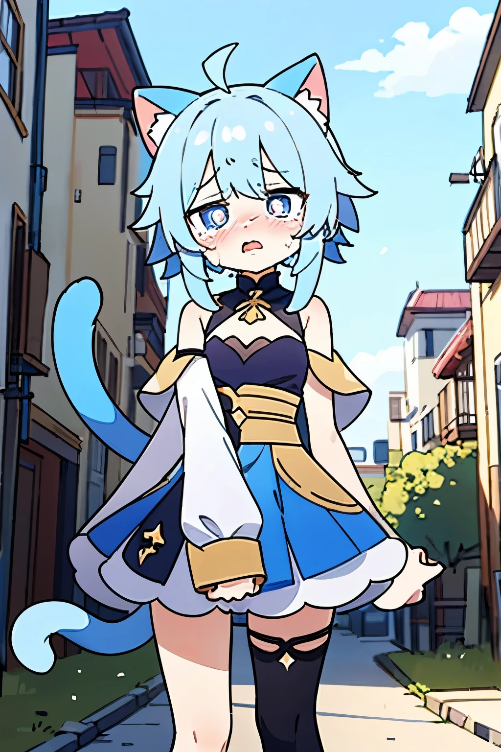 Masterpiece, best quality, 1girl, furina, genshin impact, white hair, blue hair, cute, teae shaped pupils, cat ears, cat tail, sad, cry, abandoned city