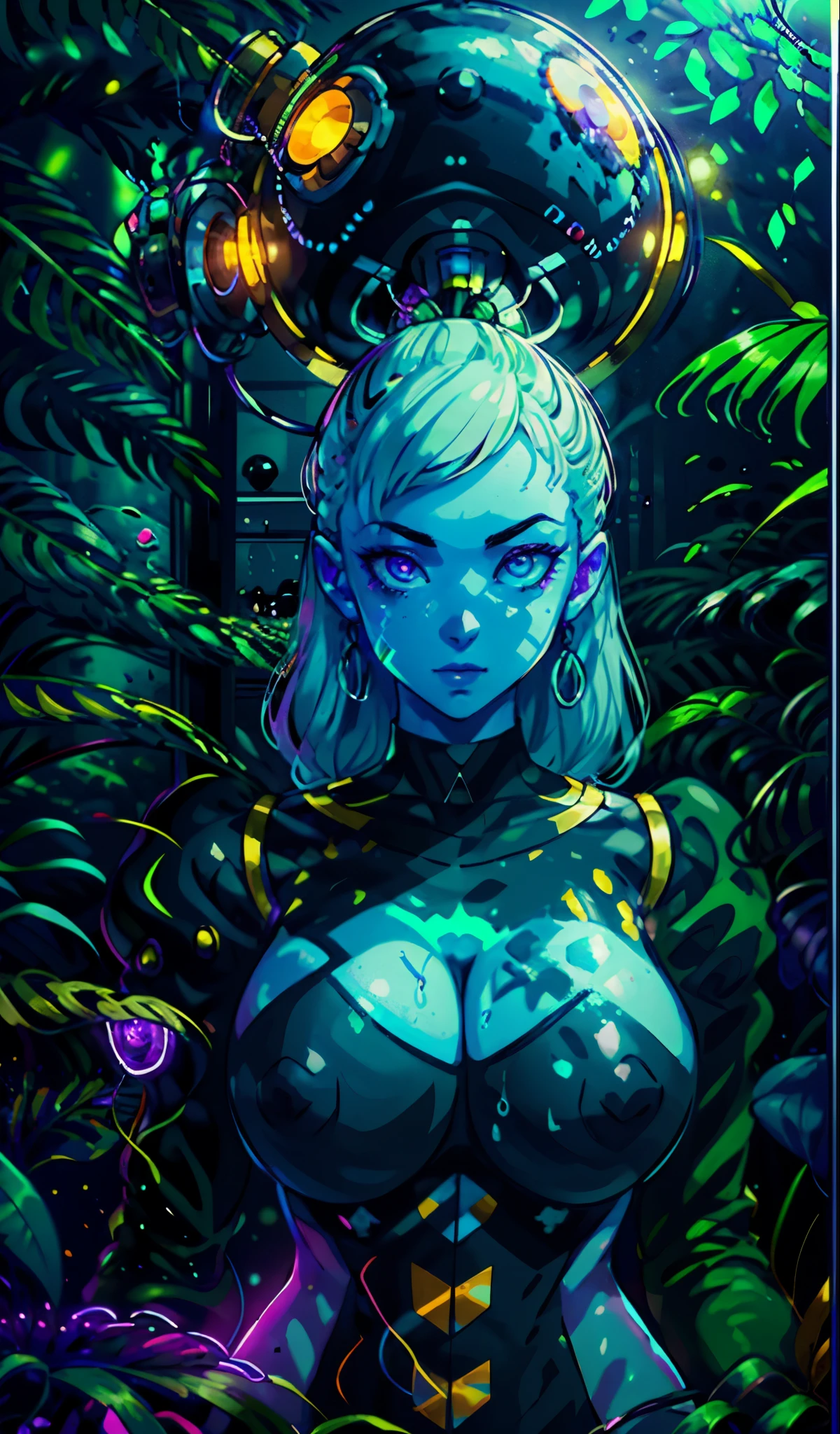 portrait | wide angle shot of eyes off to one side of frame, lucid dream-like woman, looking off in distance ::8 style | daydreampunk with glowing skin and eyes, styled in headdress, beautiful, she is dripping in neon lights, very colorful blue, green, purple, bioluminescent, glowing ::8 background | forest, vivid neon wonderland, particles, blue, green, purple ::7 parameters | rule of thirds, golden ratio, assymetric composition, hyper- maximalist, octane render, photorealism, cinematic realism, unreal engine, 8k