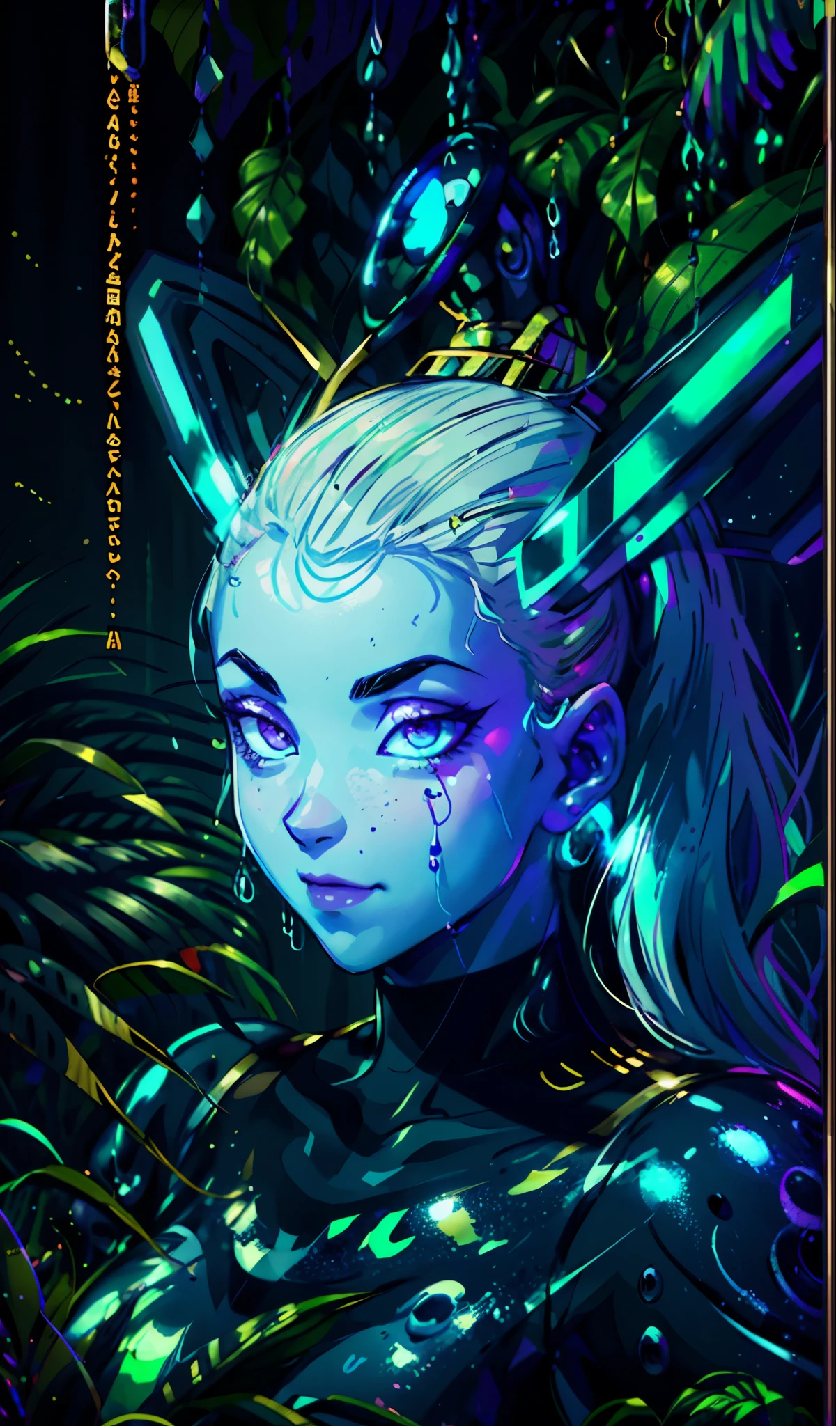 portrait | wide angle shot of eyes off to one side of frame, lucid dream-like woman, looking off in distance ::8 style | daydreampunk with glowing skin and eyes, styled in headdress, beautiful, she is dripping in neon lights, very colorful blue, green, purple, bioluminescent, glowing ::8 background | forest, vivid neon wonderland, particles, blue, green, purple ::7 parameters | rule of thirds, golden ratio, assymetric composition, hyper- maximalist, octane render, photorealism, cinematic realism, unreal engine, 8k
