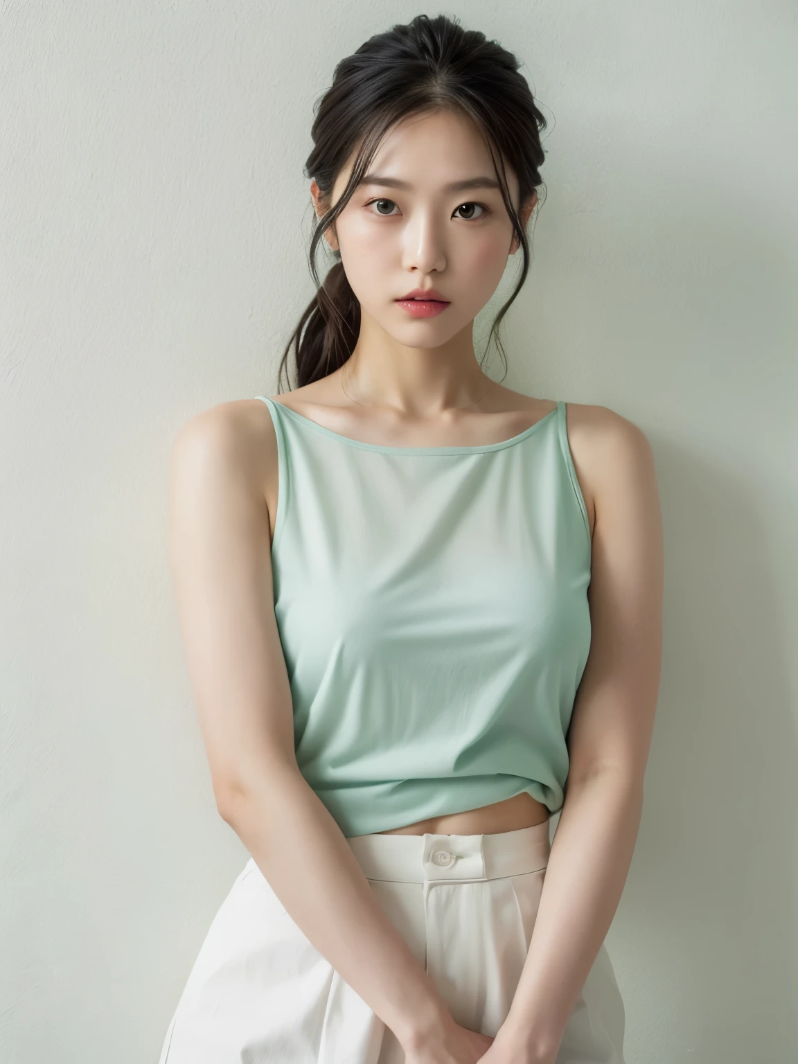 See-through tops、巨乳、キャミソール、むちむちな太もも、(背景にwhite wall、Part of her clothes is Mint green:1.4)、white wall、Taken in front of the white door、(窓のあるwhite wallの部屋)、((highest quality、8K、masterpiece:1.3))、ultra high resolution、(photorealistic:1.4)、raw photos、Japanese,(details face)、real、Shot in natural light、Highly detailed face and skin texture、highly detailed lips、correct state of the human body、medium hair、black hair、various poses、natural color lip