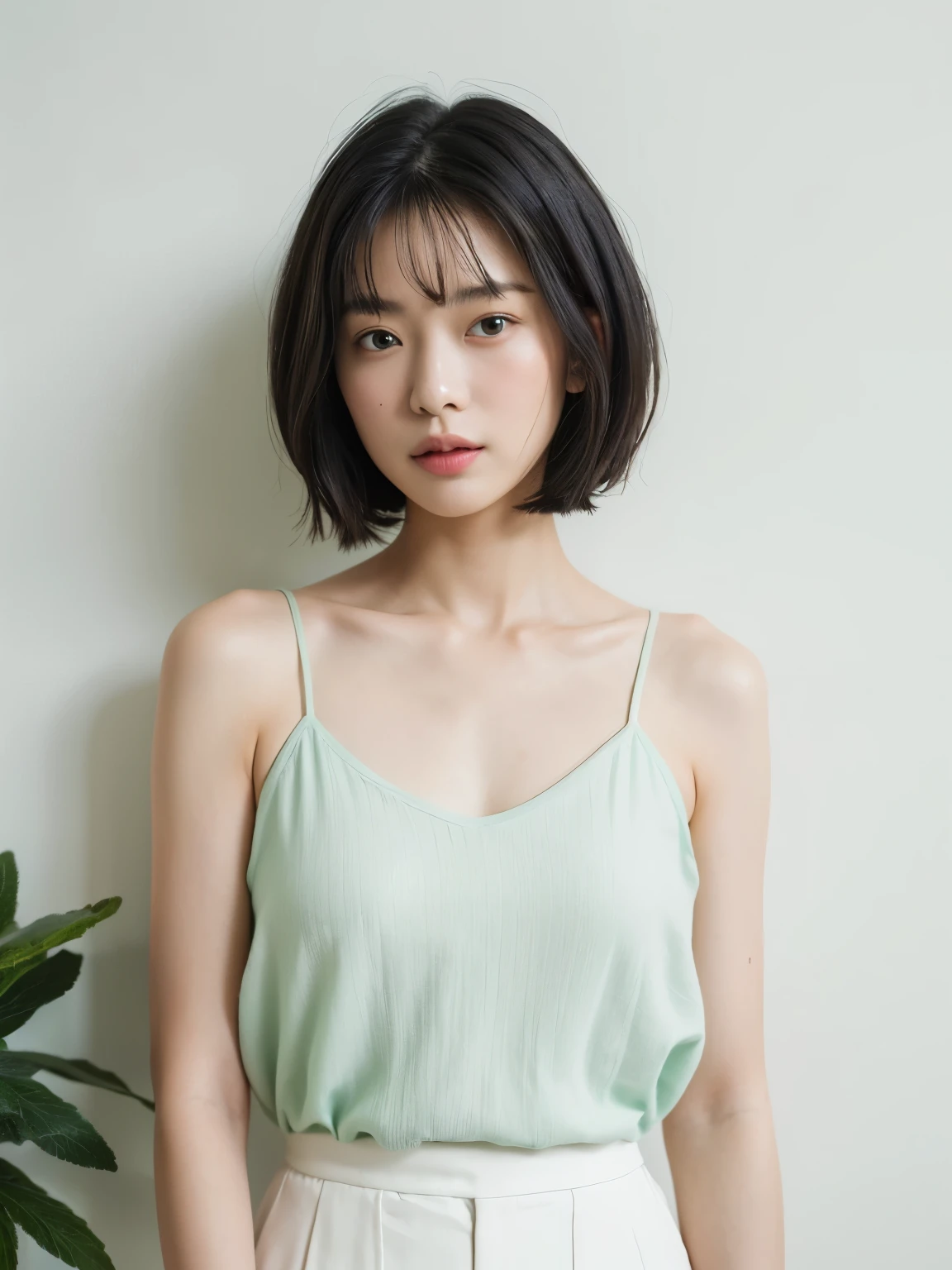 See-through tops、巨乳、キャミソール、むちむちな太もも、(背景にwhite wall、Part of her clothes is Mint green:1.4)、white wall、Taken in front of the white door、(窓のあるwhite wallの部屋)、((highest quality、8K、masterpiece:1.3))、ultra high resolution、(photorealistic:1.4)、raw photos、Japanese,(details face)、real、Shot in natural light、Highly detailed face and skin texture、highly detailed lips、correct state of the human body、short cut hair、black hair、various poses、natural color lip