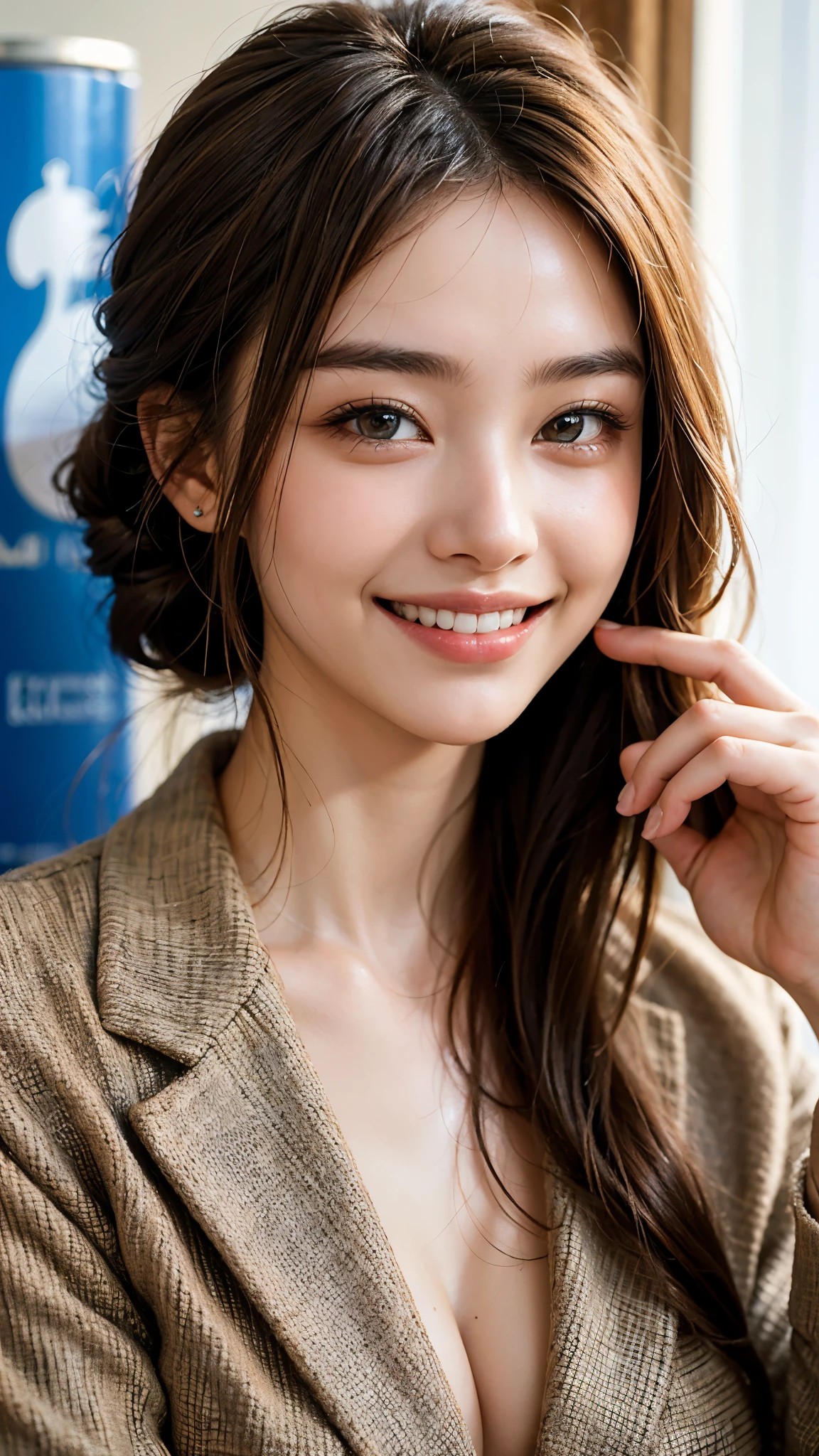 highest quality, masterpiece, ultra high resolution, (realistic:1.4), (close portrait) Raw photo, 1 girl, 22 years old,(((business suit))),((long hair chignon)),masterpiece, realistic pictures, japanese pictures, fuji negative film, saturation, contrast, Pocari Sweat Advertisement ((small breasts)),((smiling showing teeth)),,brown hair,
